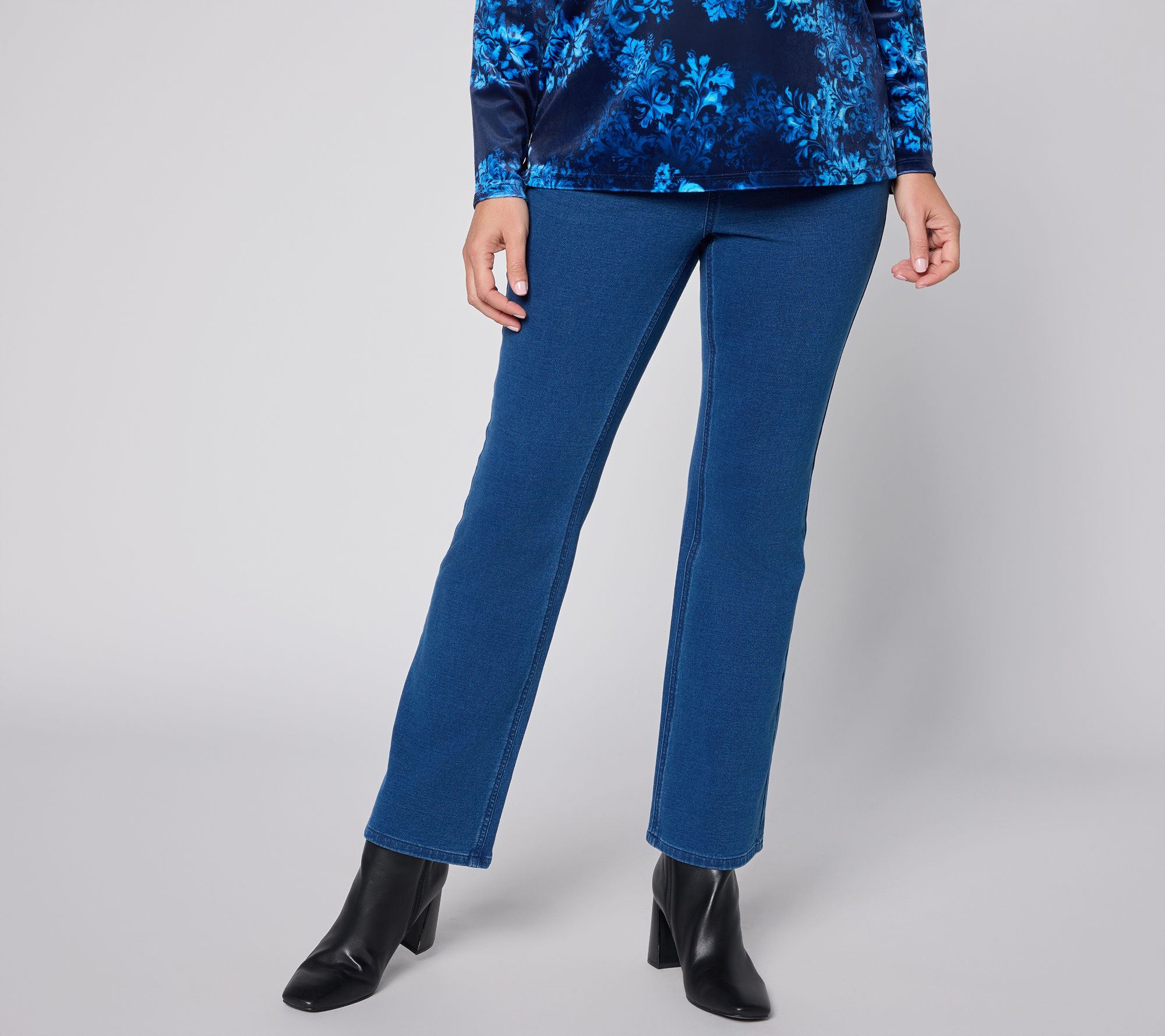 Denim & Co. Petite Knit Denim Pull On Boot Leg Jeans