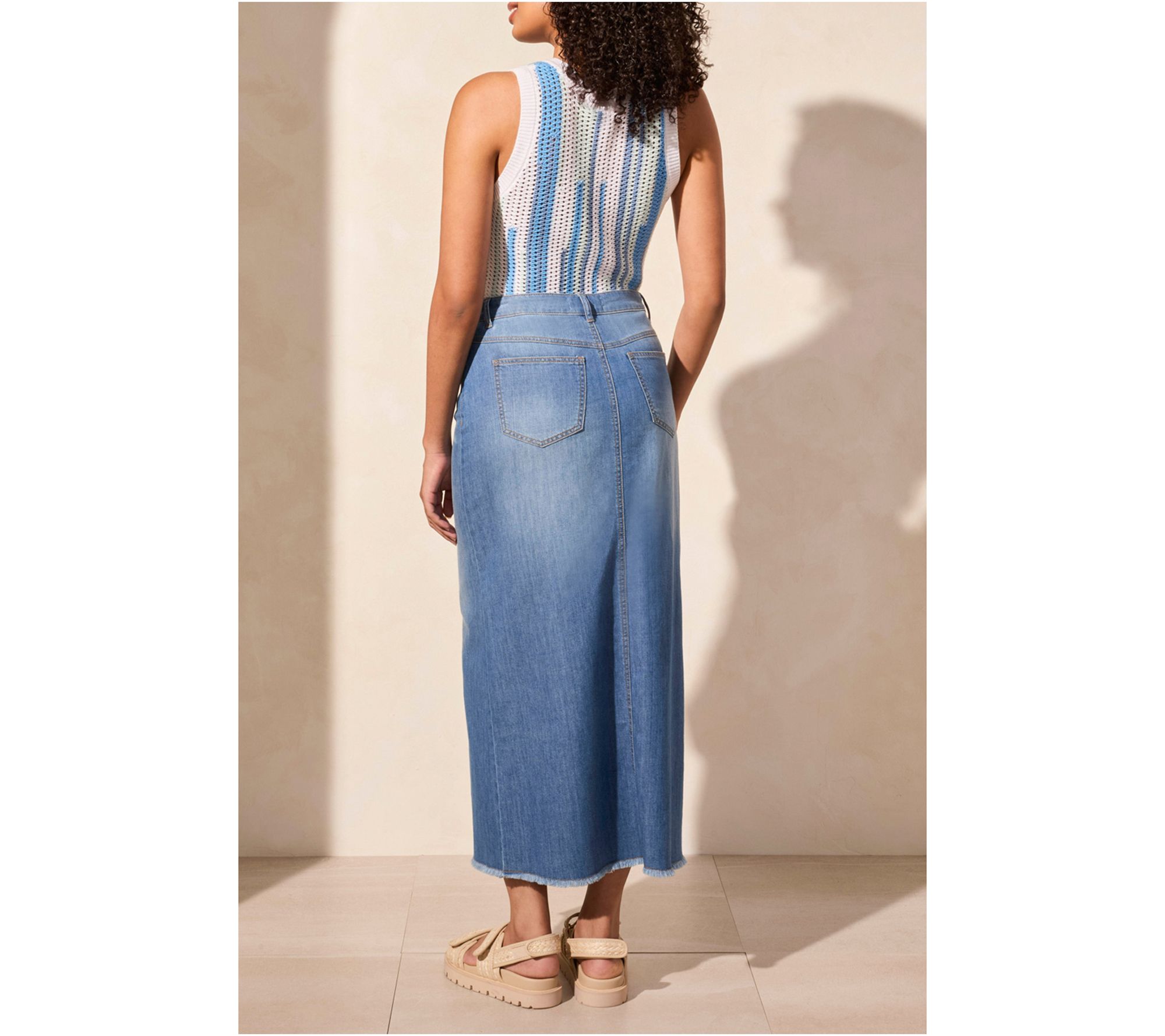 ★E.B.M★ Diagonal cut detail denim skirt EMP3DSK020 Cool Composure High-Rise Frayed Slit Denim Midi Skirt | Windsor