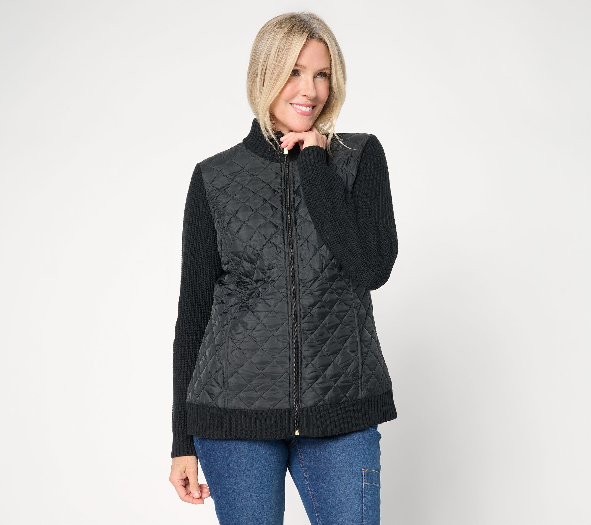 Denim & Co. Petite Quilted Zip Front Sweater Jacket