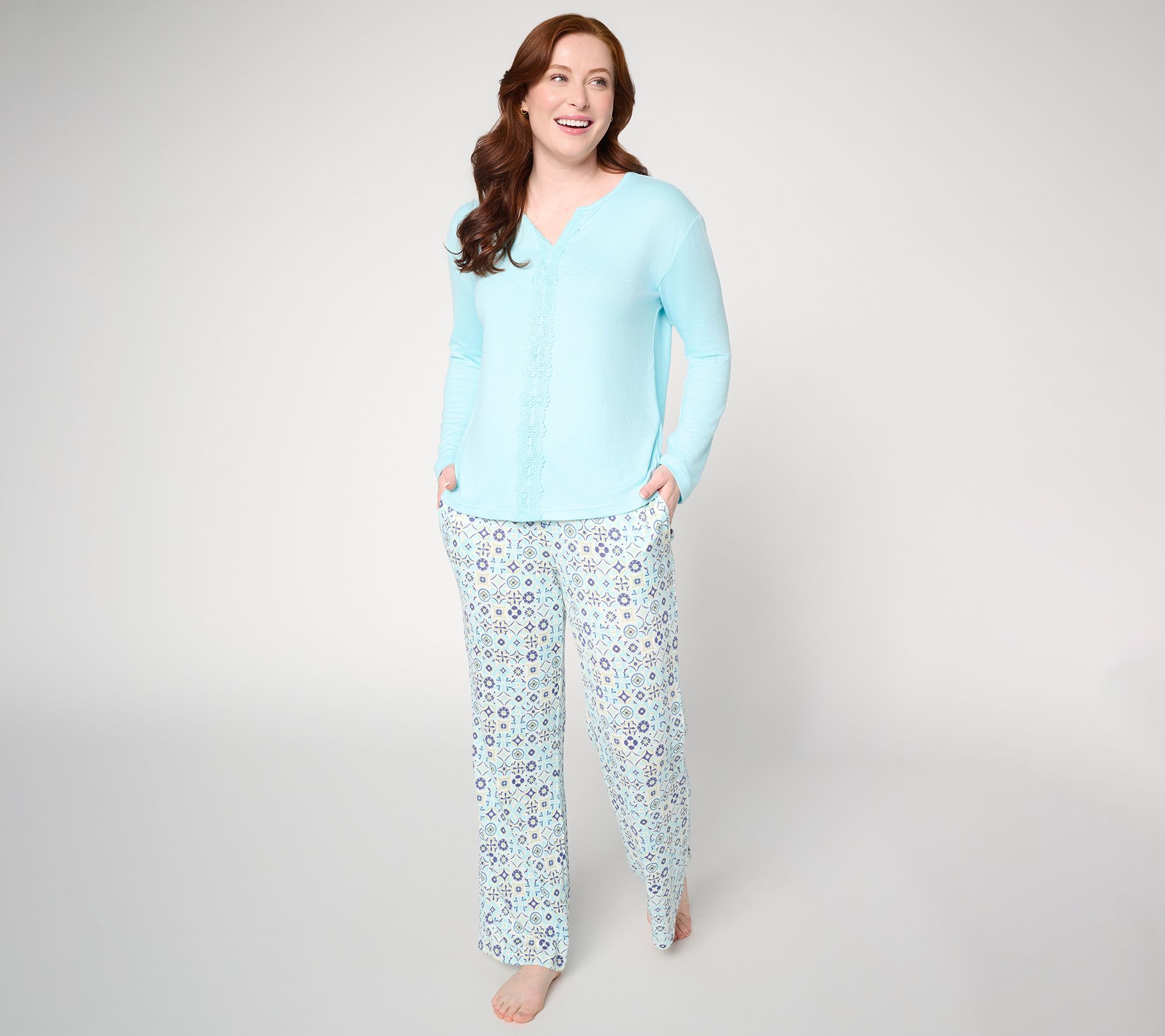 MUK LUKS Butterknit Long Sleeve Lace Detail Pajama Set