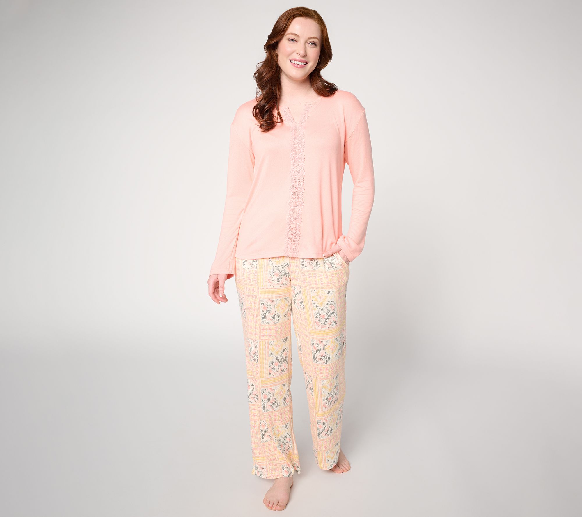 MUK LUKS Butterknit Long Sleeve Lace Detail Pajama Set