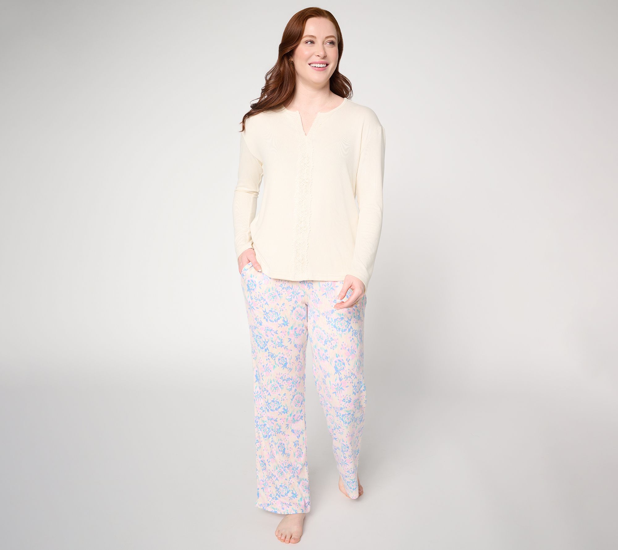 MUK LUKS Butterknit Long Sleeve Lace Detail Pajama Set