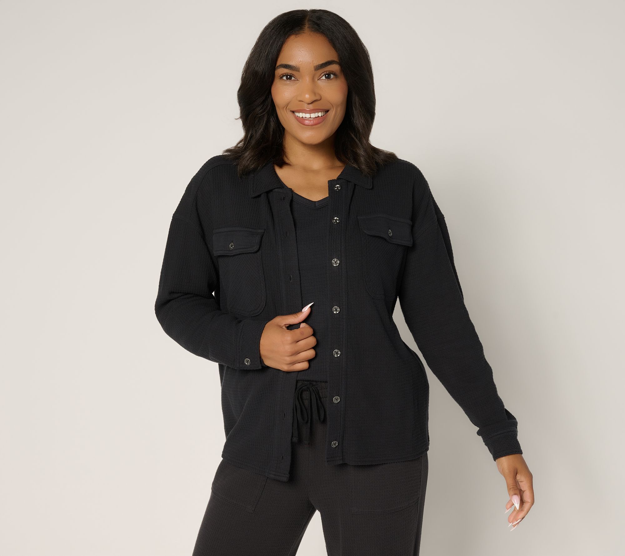 "As Is" AnyBody Washed Waffle Knit Button Front Top