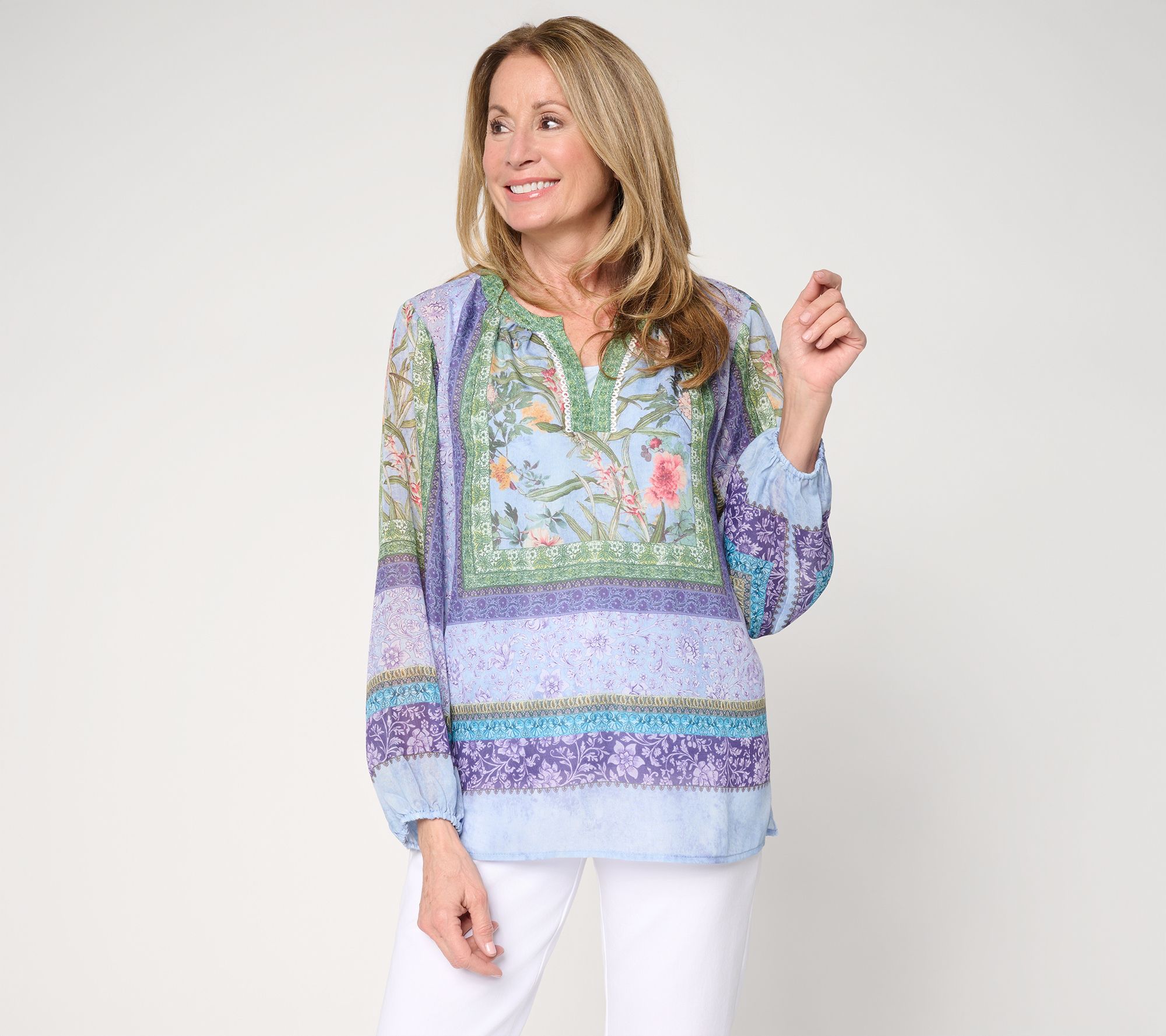 Susan Graver Petite Printed Woven Peasant Tunic & Knit Tank Set