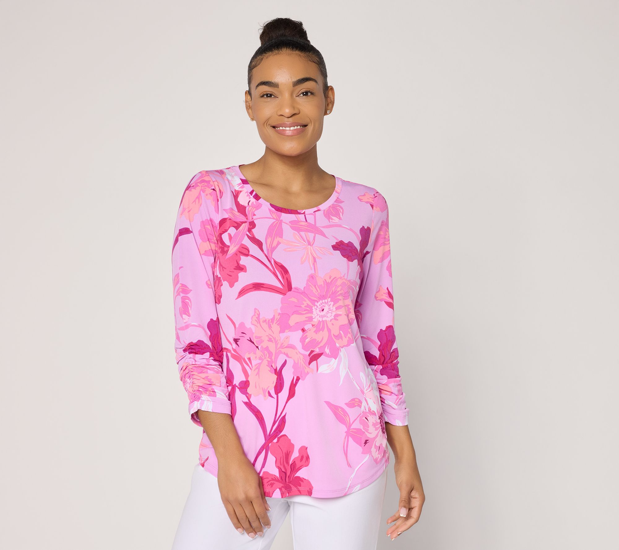 Susan Graver Printed Liquid Knit Top with Shirttail Hem