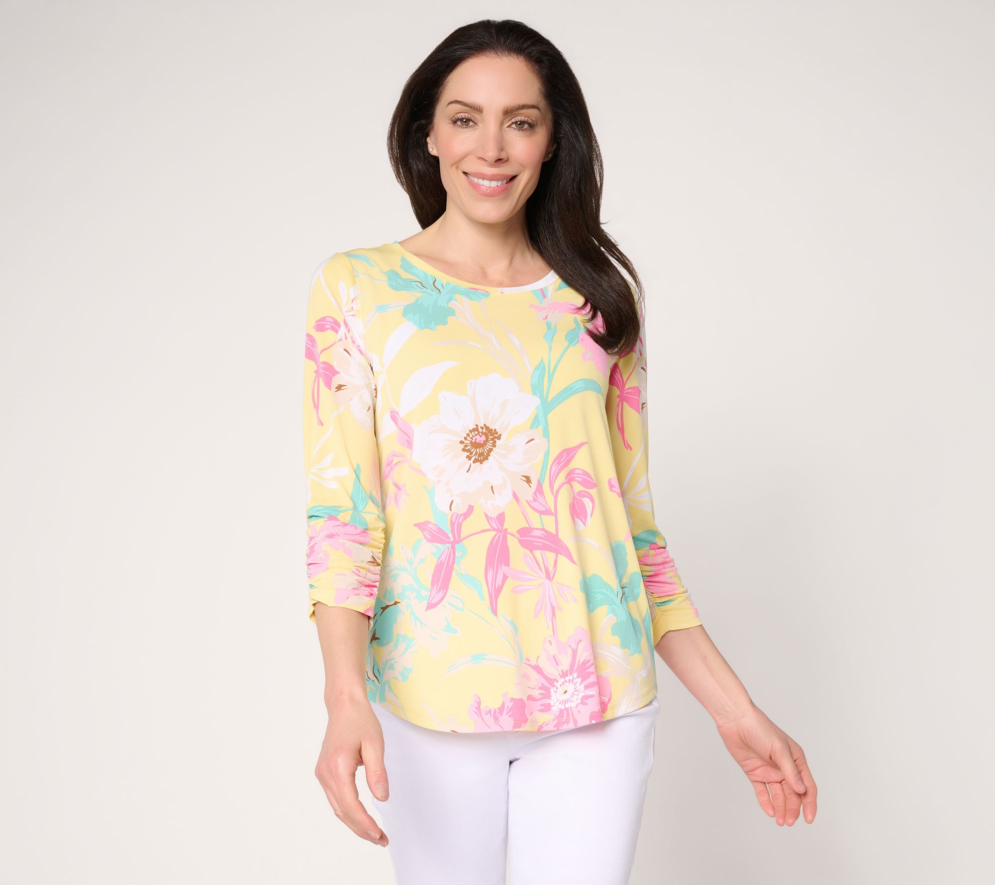 Susan Graver Printed Liquid Knit Top with Shirttail Hem