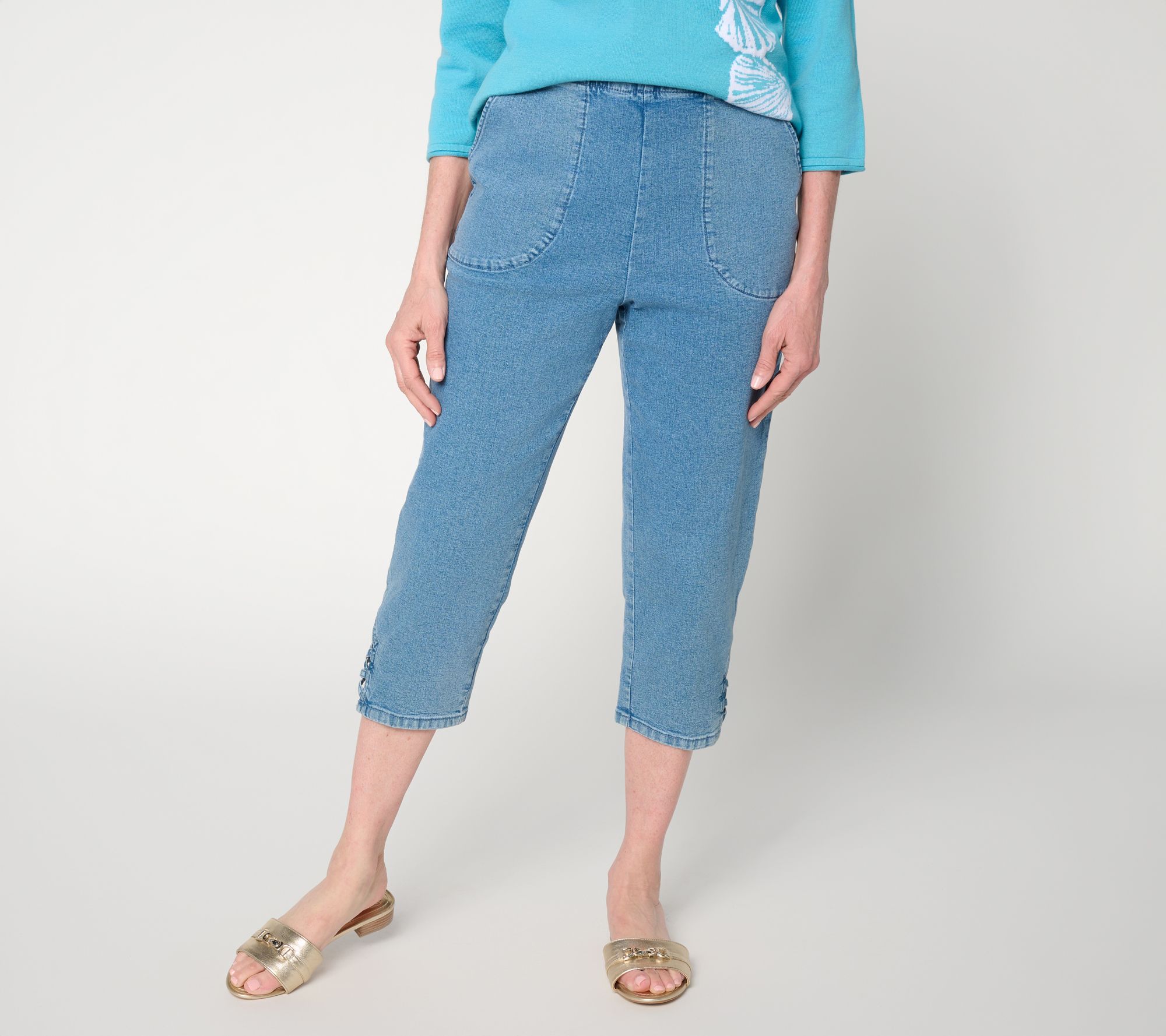 Denim & Co. Petite Indigo Flat Front Capris Pants w/ Lattice Hem