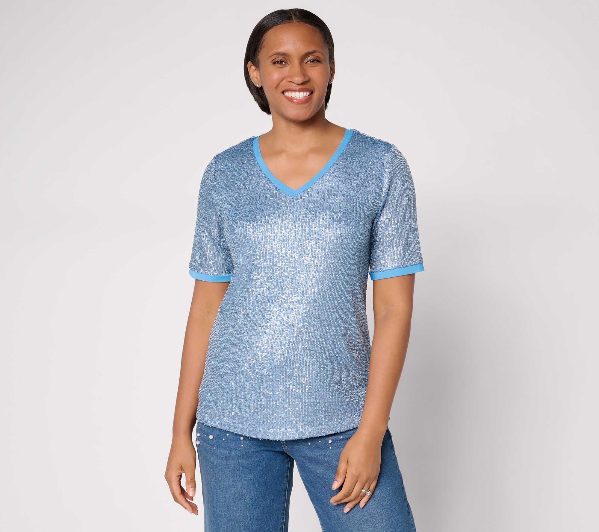 Dennis Basso Mesh Lined V-Neck Sequin Tee