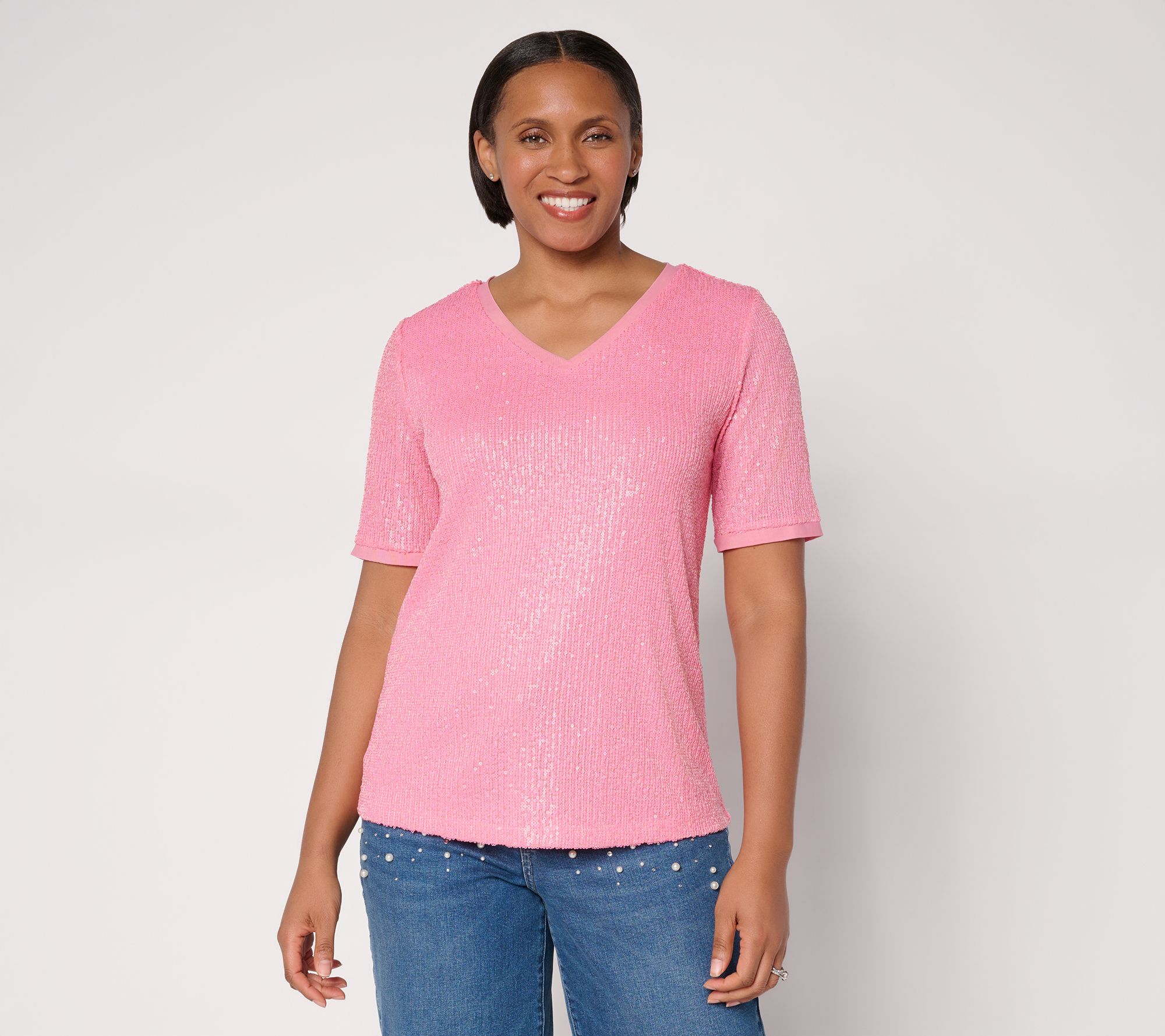Dennis Basso Mesh Lined V-Neck Sequin Tee
