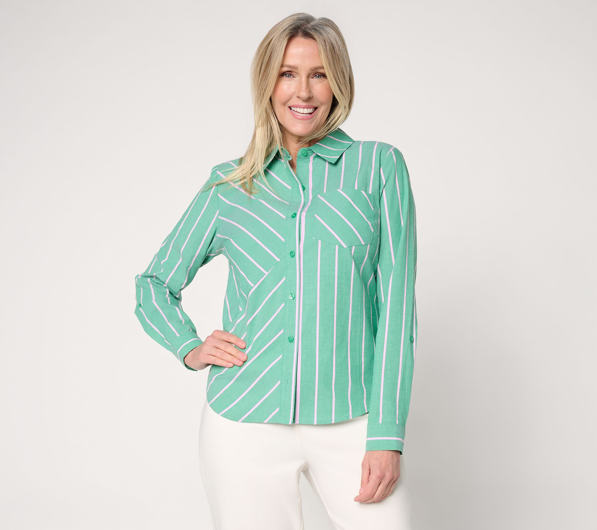 Joan Rivers Mixed Stripe Button-Front Girlfriend Shirt