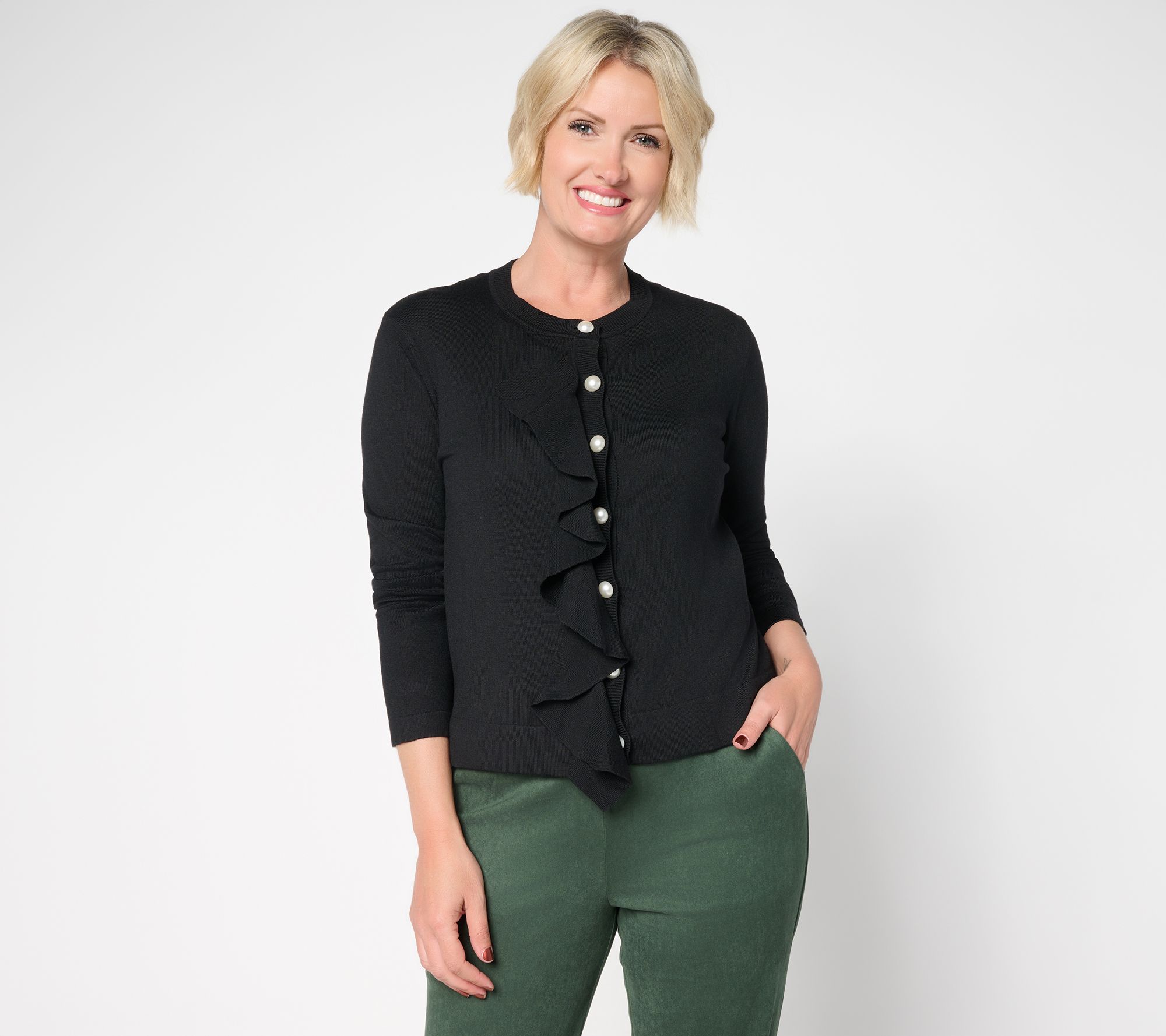 "As Is" by Stacy London Ruffle Cardigan with Faux Pearl Buttons