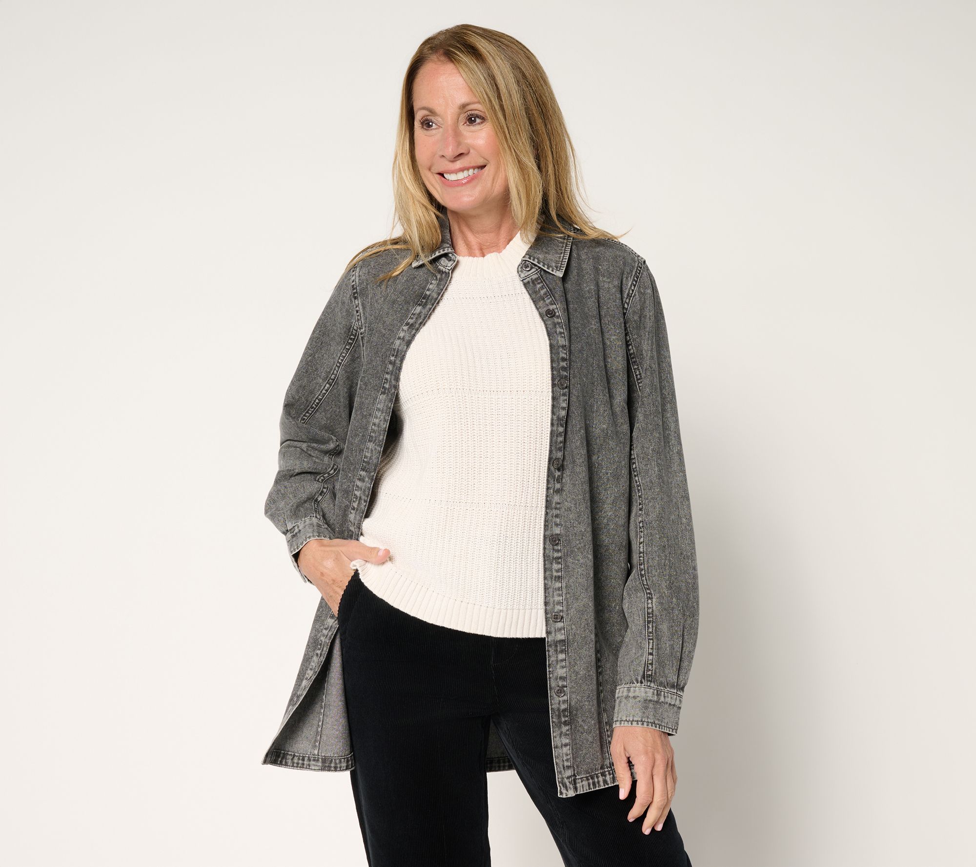 "As Is" Joan Rivers Petite Vintage Wash Classic Cotton Denim Shirt