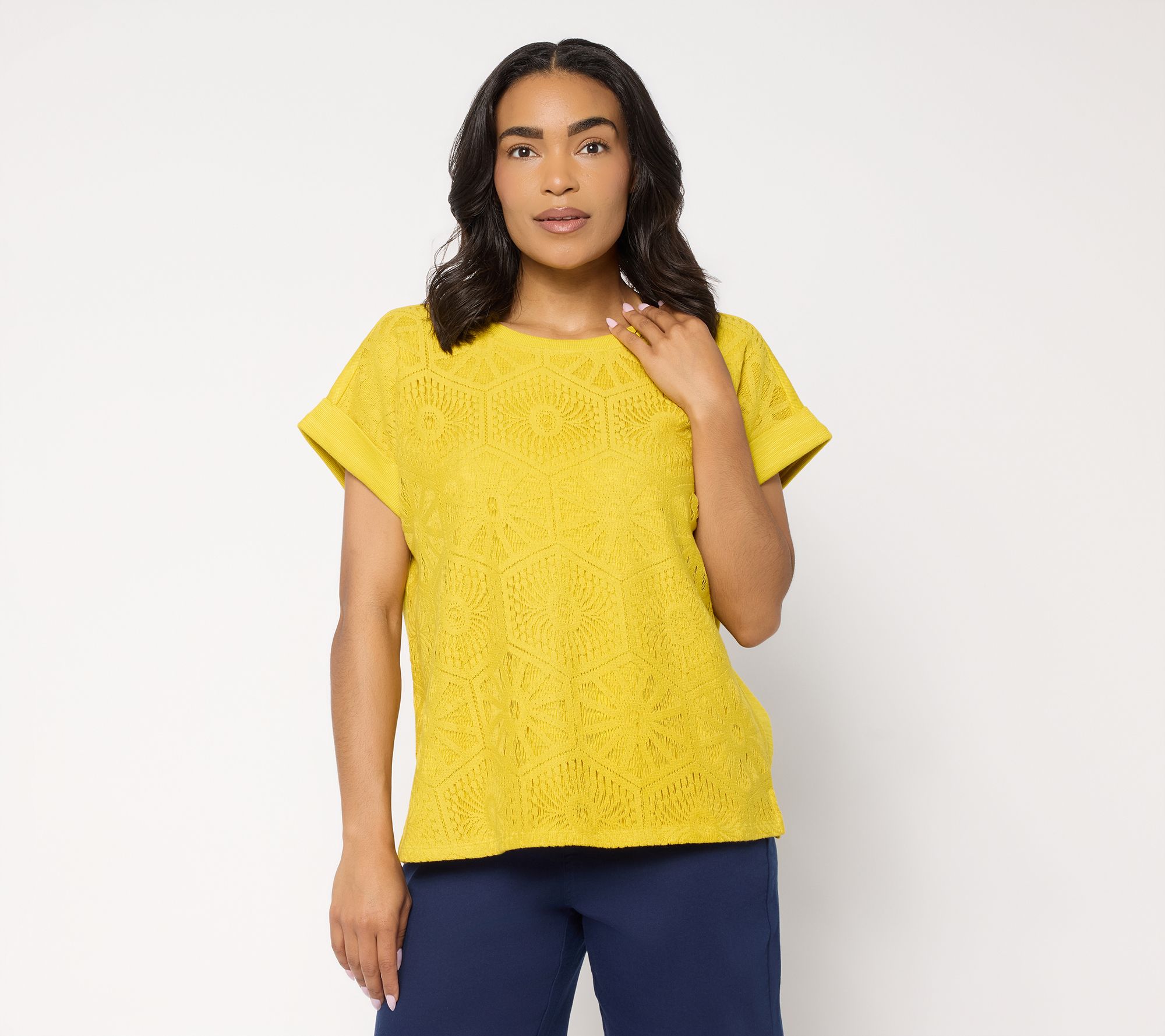  Susan Graver Soleil Slub Lace Panel Top