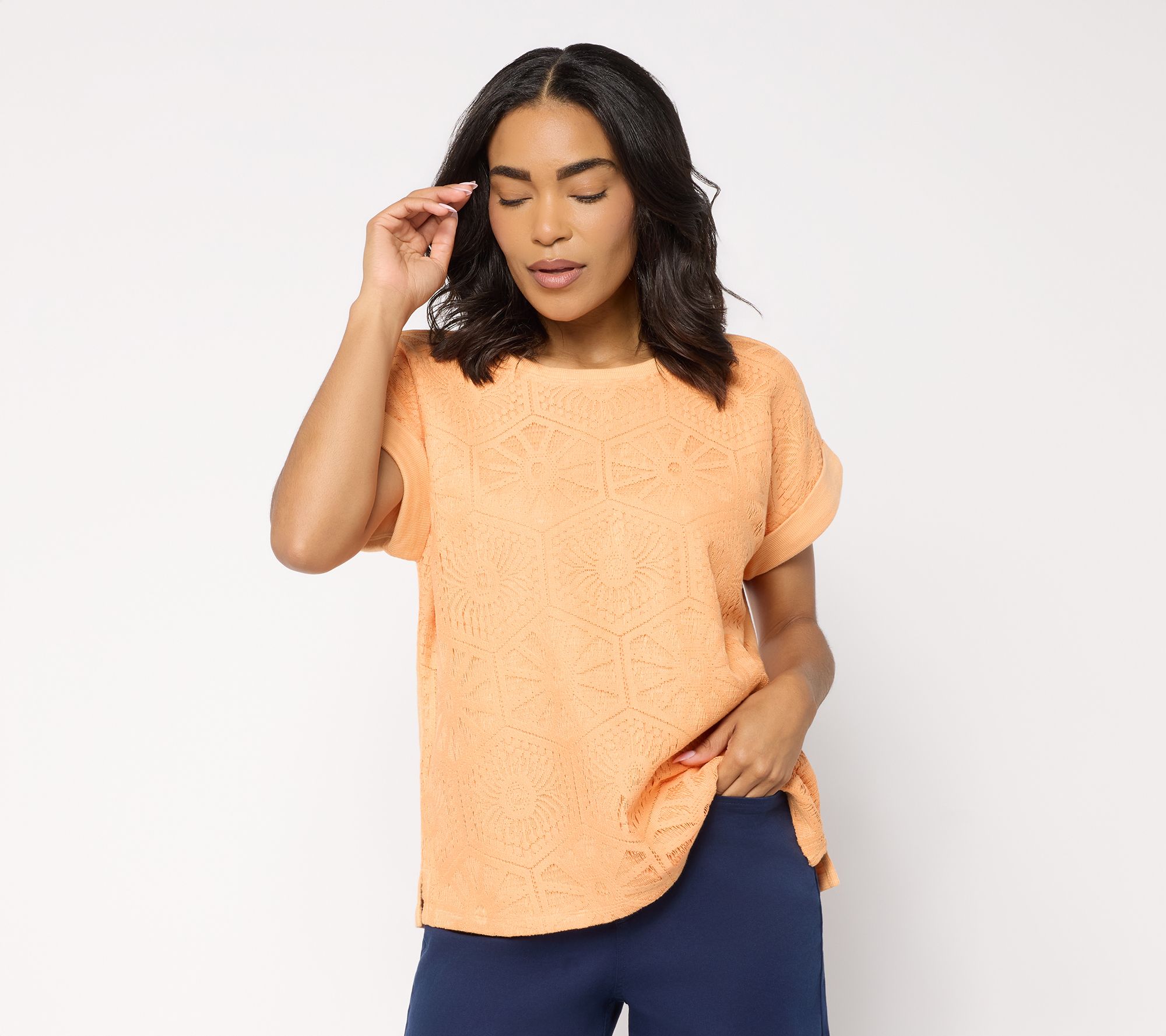 Susan Graver Soleil Slub Lace Panel Top