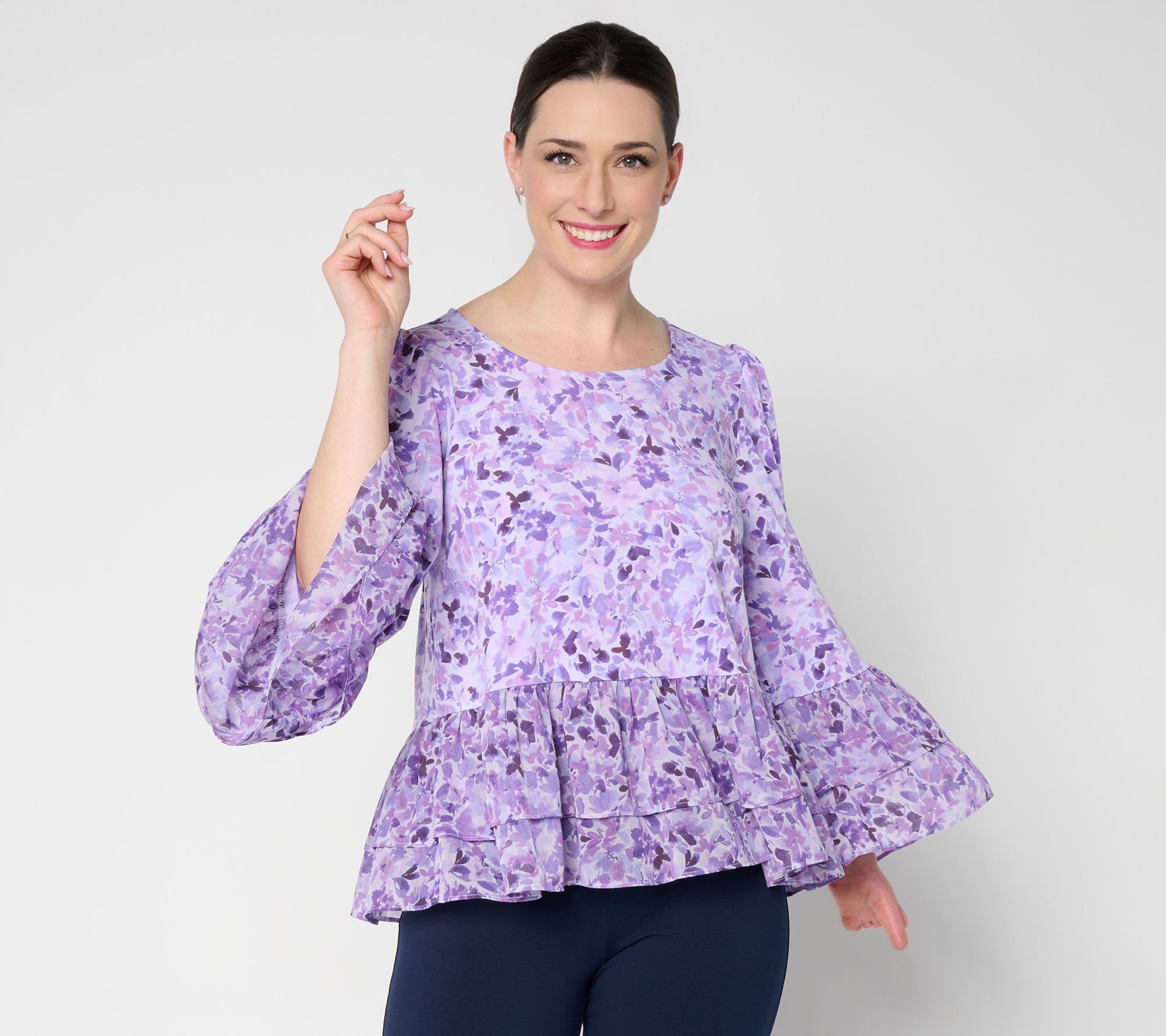  Susan Graver Printed Liquid Knit Scoop Neck Top with Woven Ruffle
