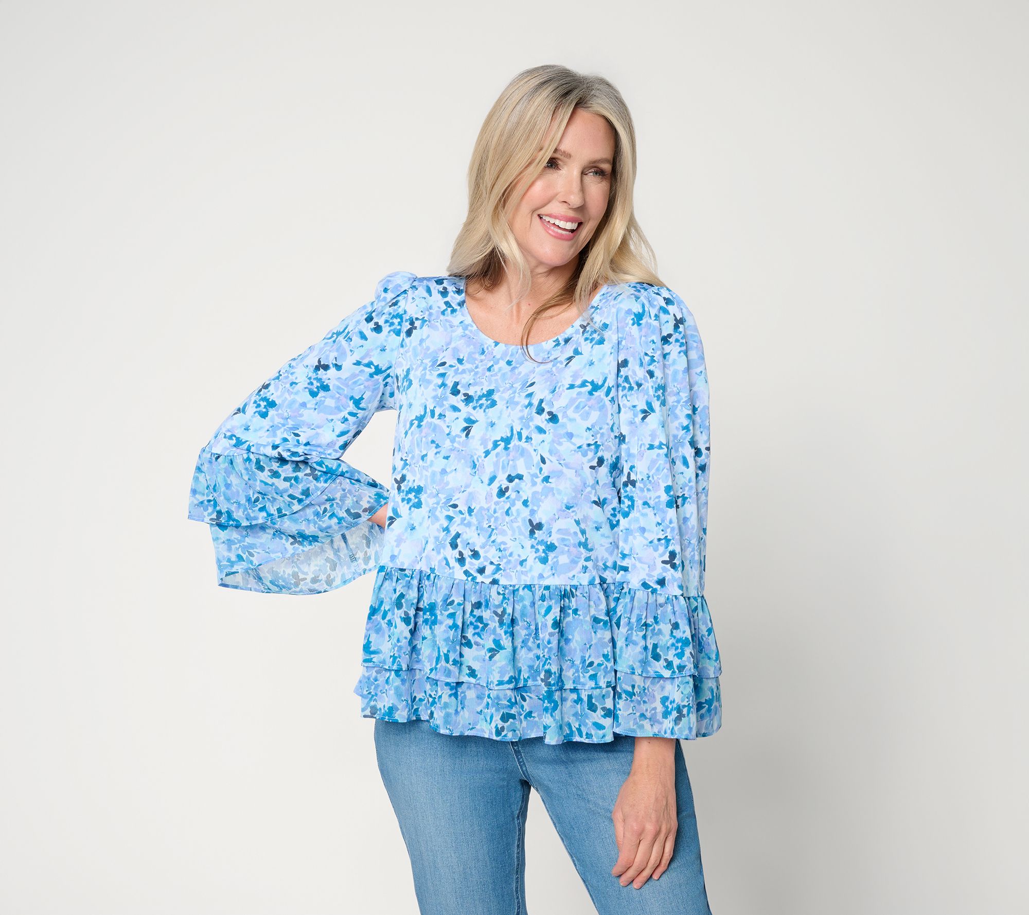 Susan Graver Printed Liquid Knit Scoop Neck Top w/ Woven Ruffle