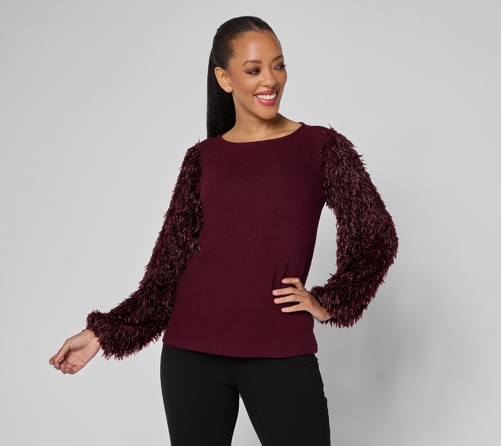 "As Is" Susan Graver Occasions Rib Knit Top w/ Embellished Slv