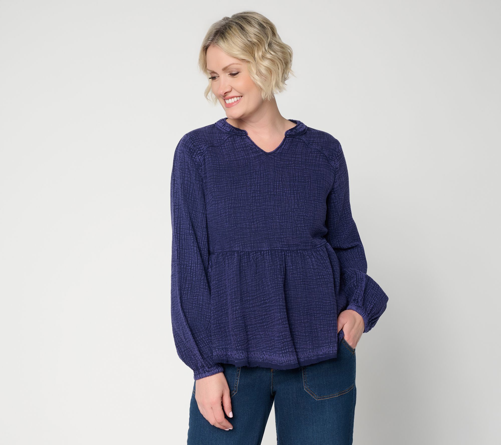 LOGO Lavish by Lori Goldstein Textured 100% Cotton L/S Top