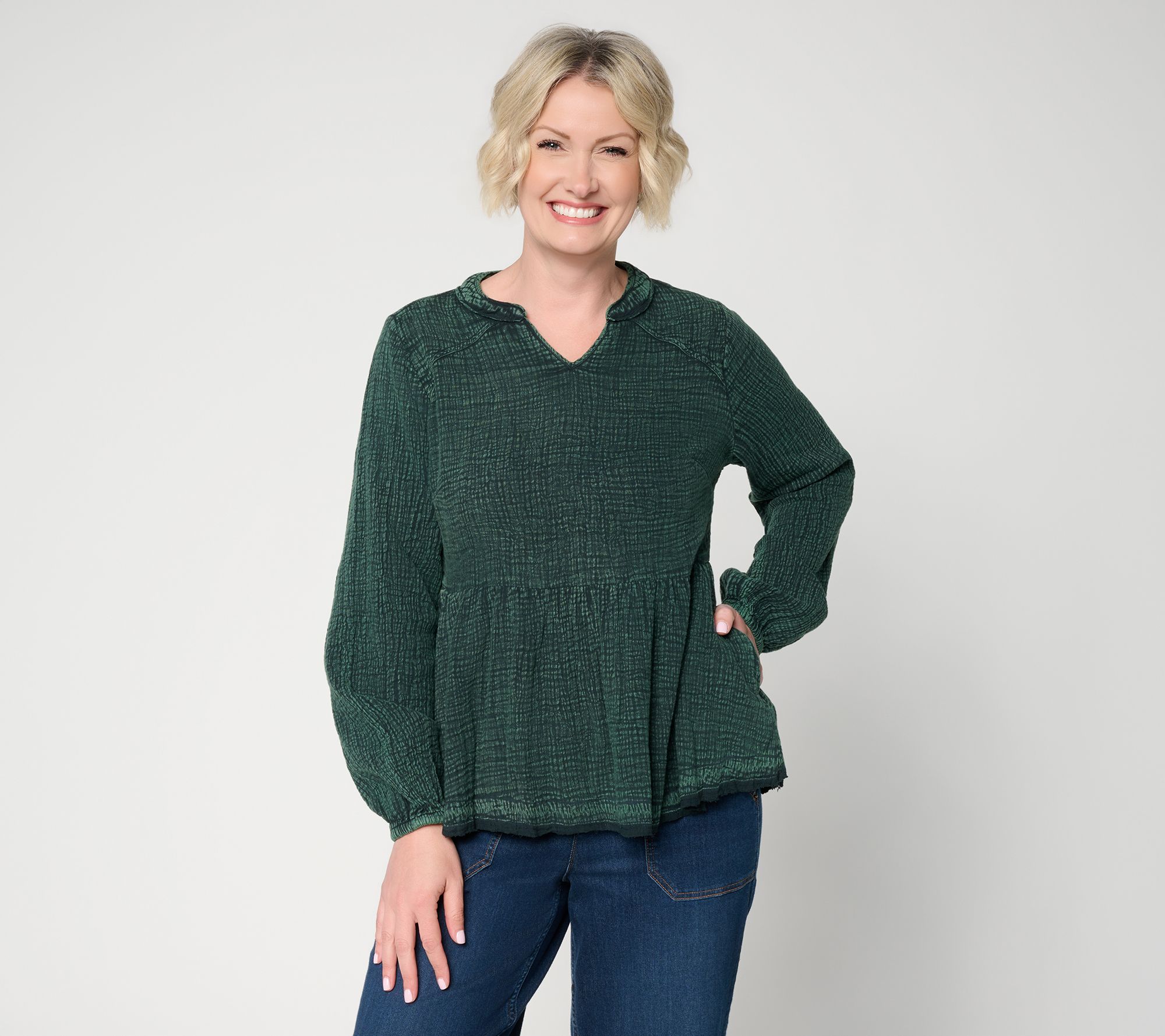 LOGO Lavish by Lori Goldstein Textured 100% Cotton L/S Top
