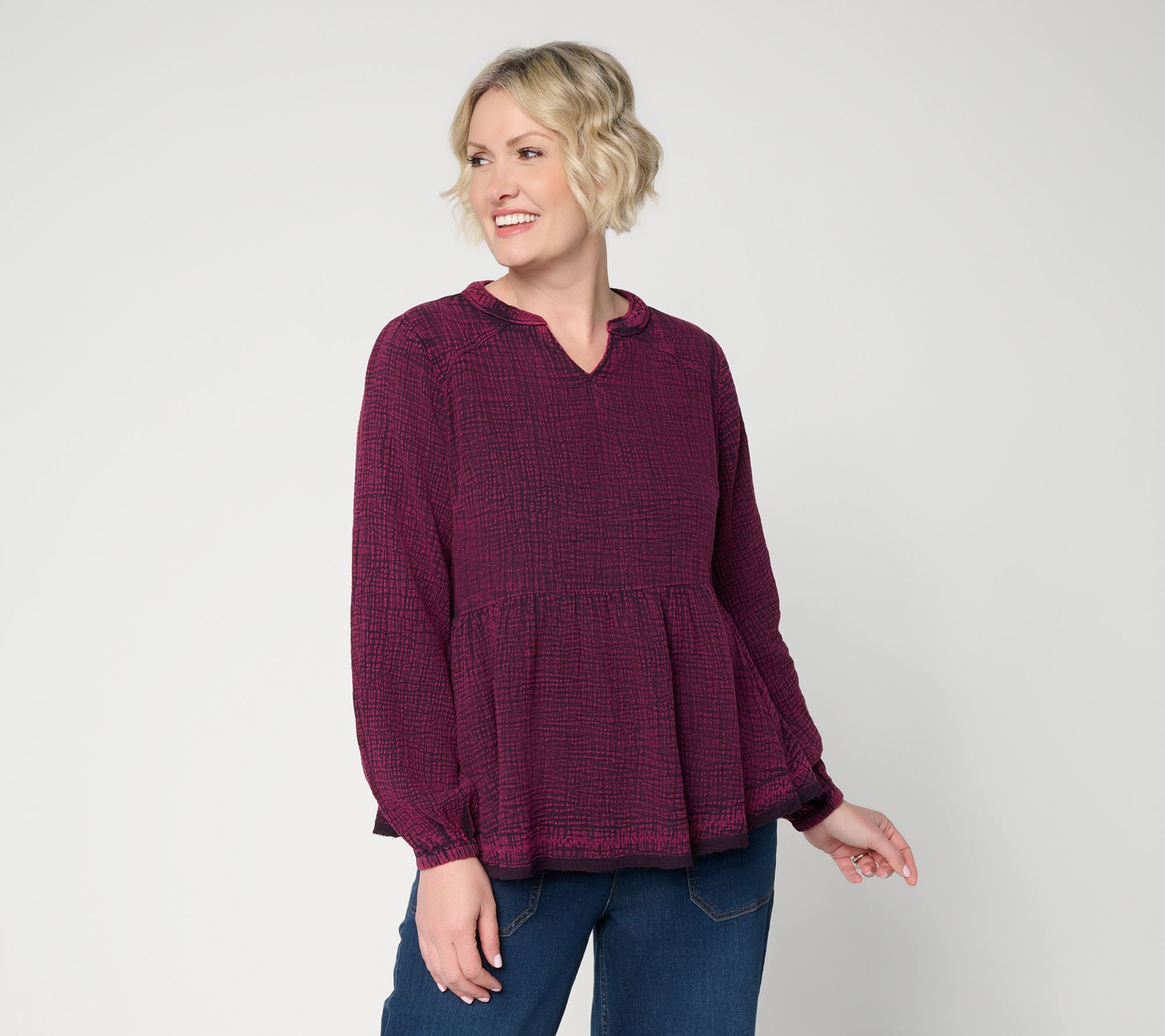 LOGO Lavish by Lori Goldstein Textured 100% Cotton Long Sleeve Top