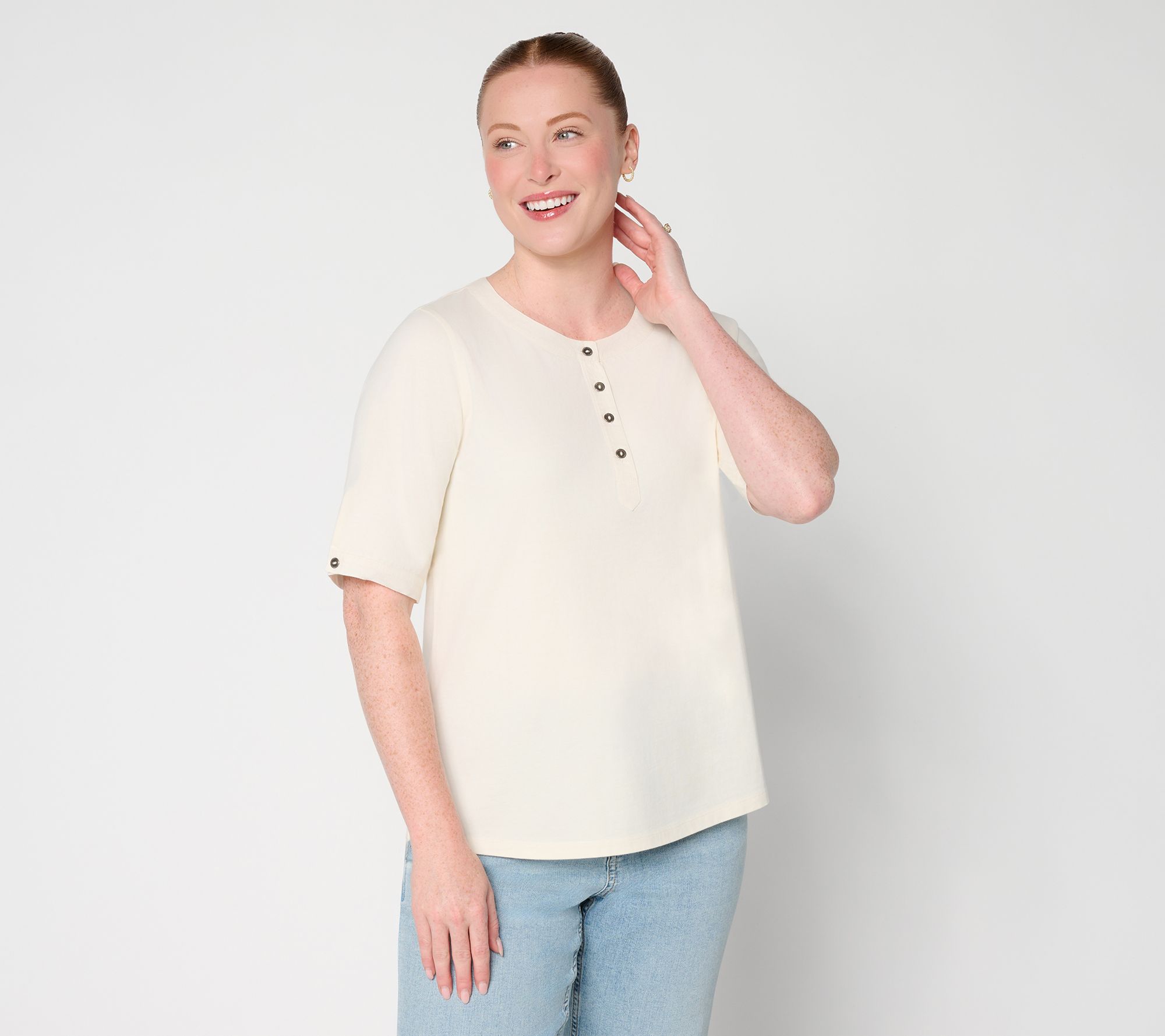 AnyBody Washed Cotton Top with Woven Trim