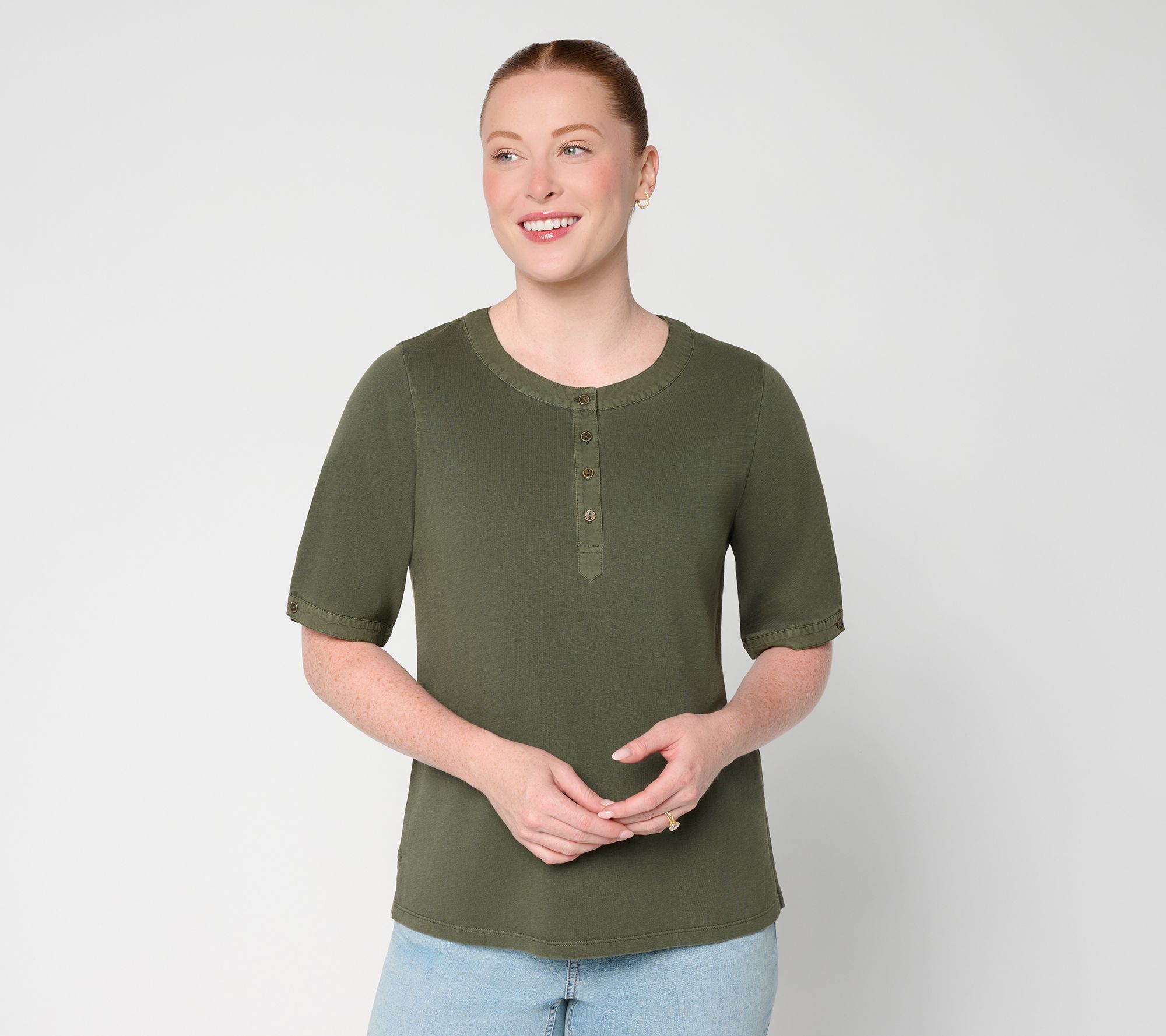 AnyBody Washed Cotton Top with Woven Trim