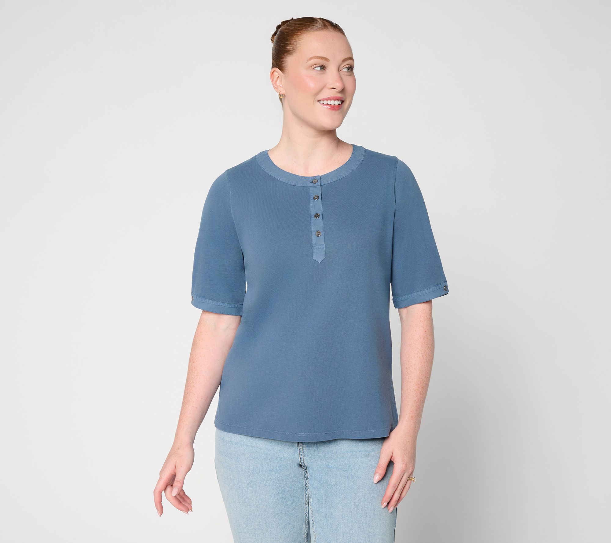 AnyBody Washed Cotton Top with Woven Trim