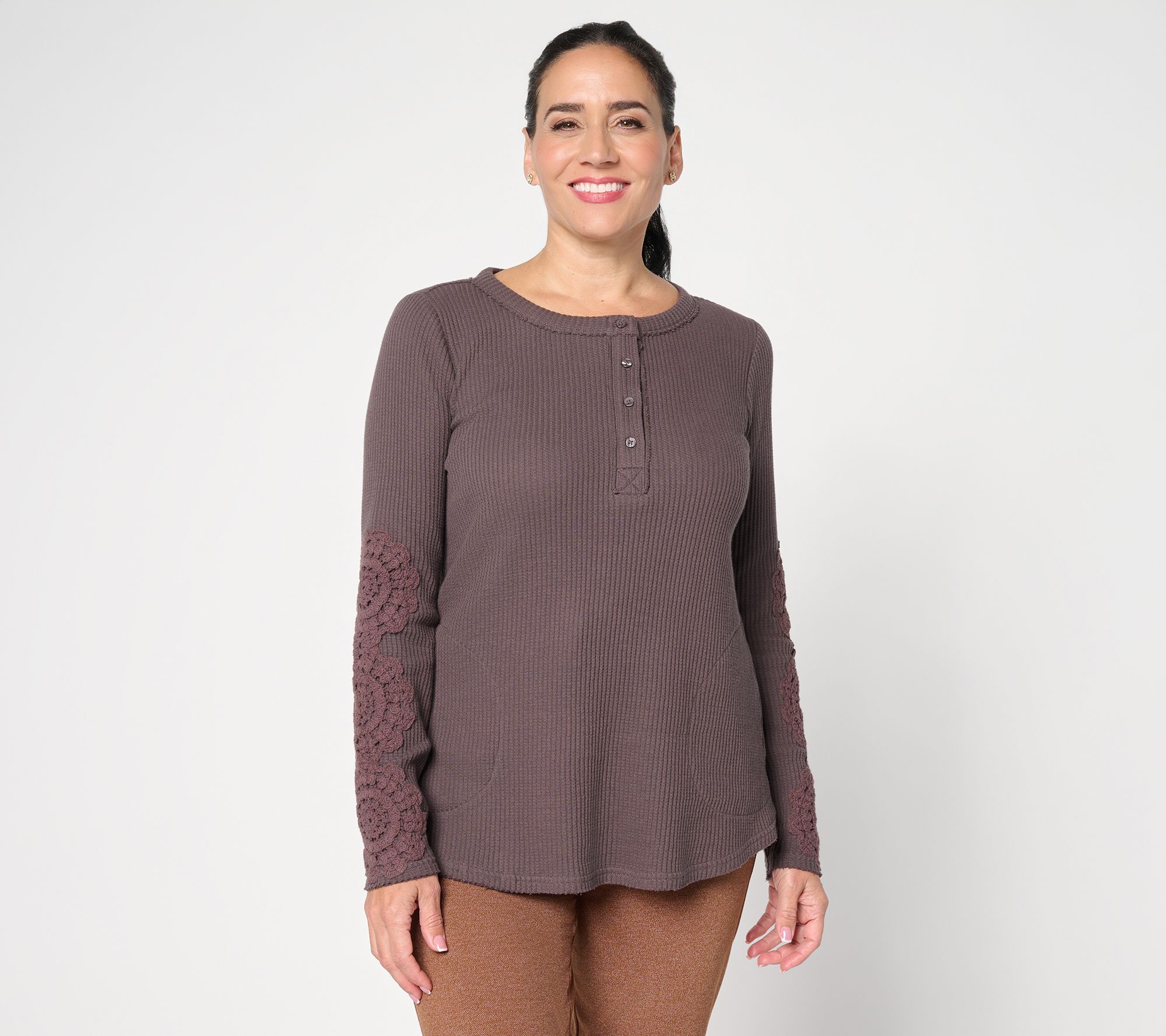 "As Is" LOGO by Lori Goldstein Lace Applique Long Sleeve Waffle Top