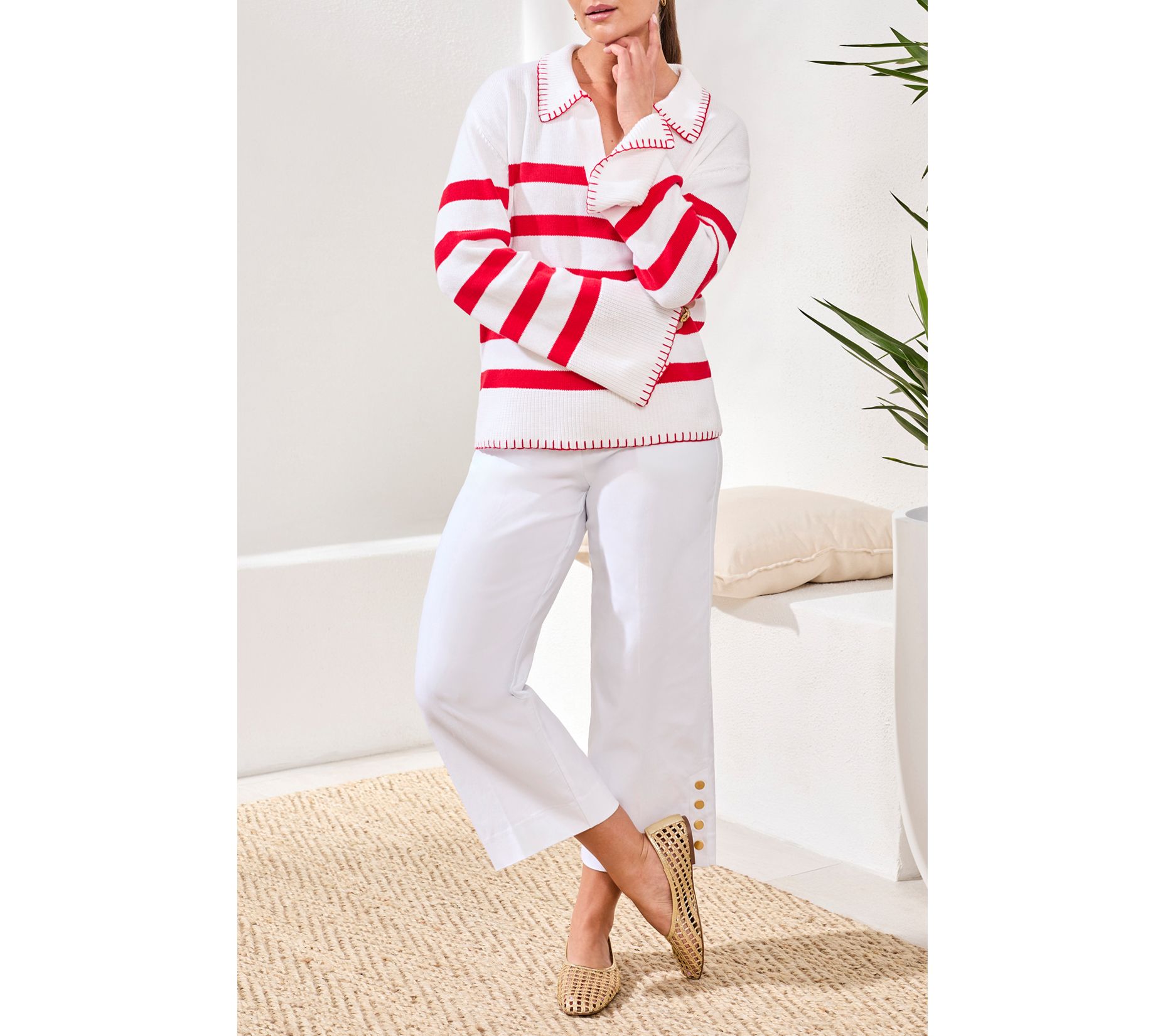 Tribal Striped Cotton Polo Sweater With Contrast Blanket Stitc