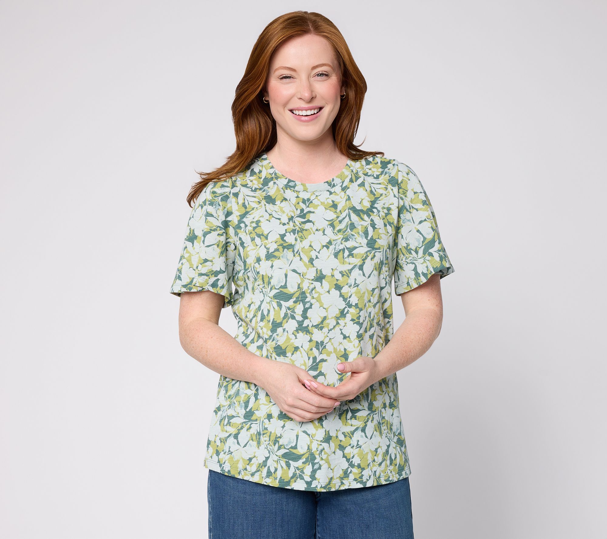 "As Is" Denim & Co. Printed Cotton Slub Flutter Short Sleeve Top