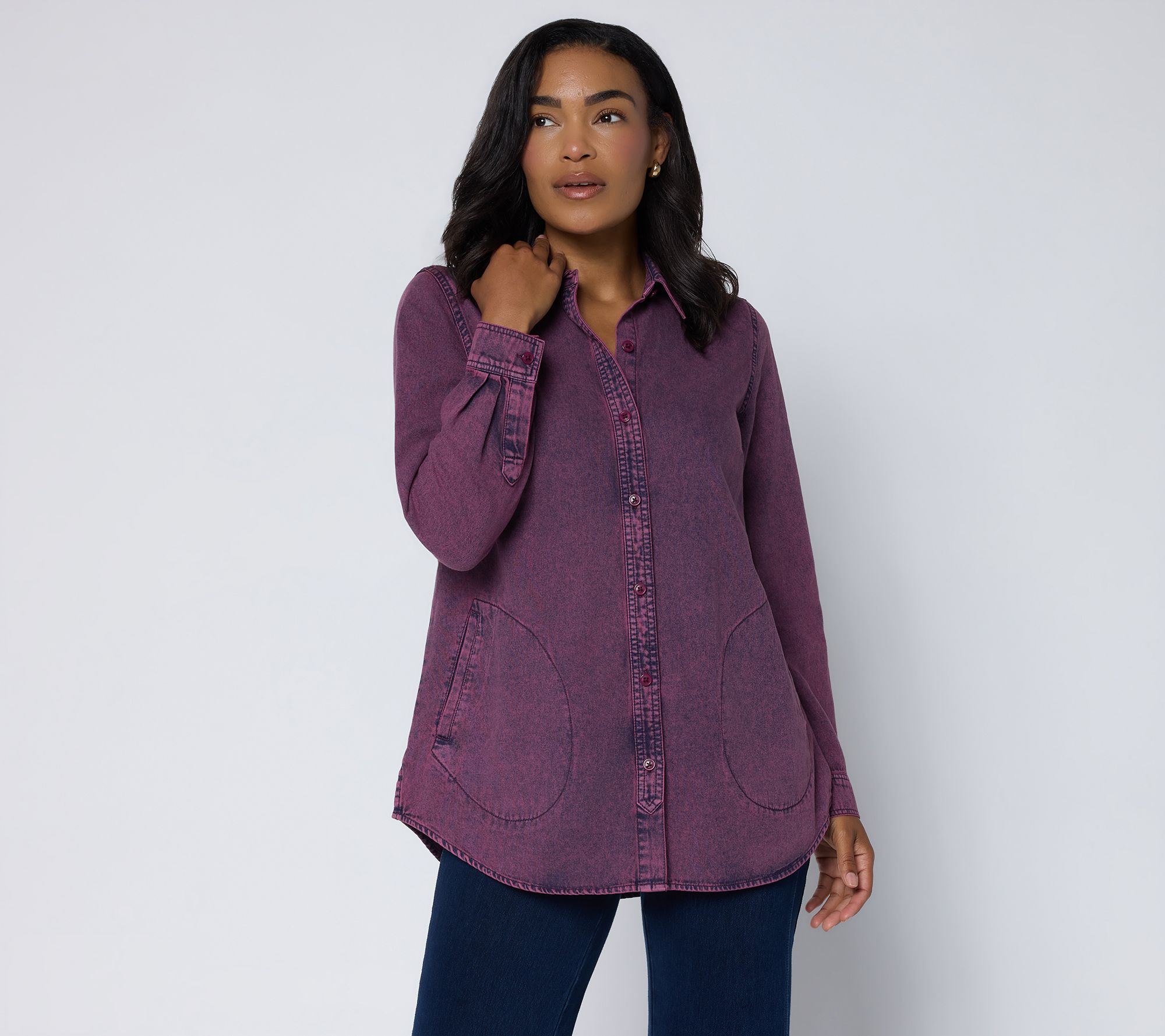 "As Is" Joan Rivers Petite Vintage Wash Boyfriend Fit Shirt