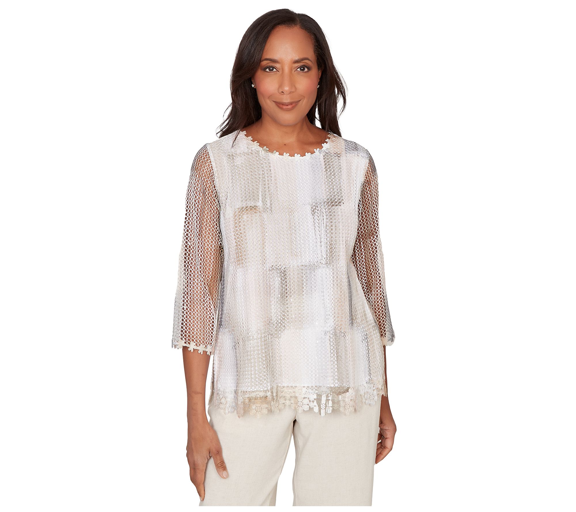  Alfred Dunner Women's Neutral Brushstrokes MeshTop