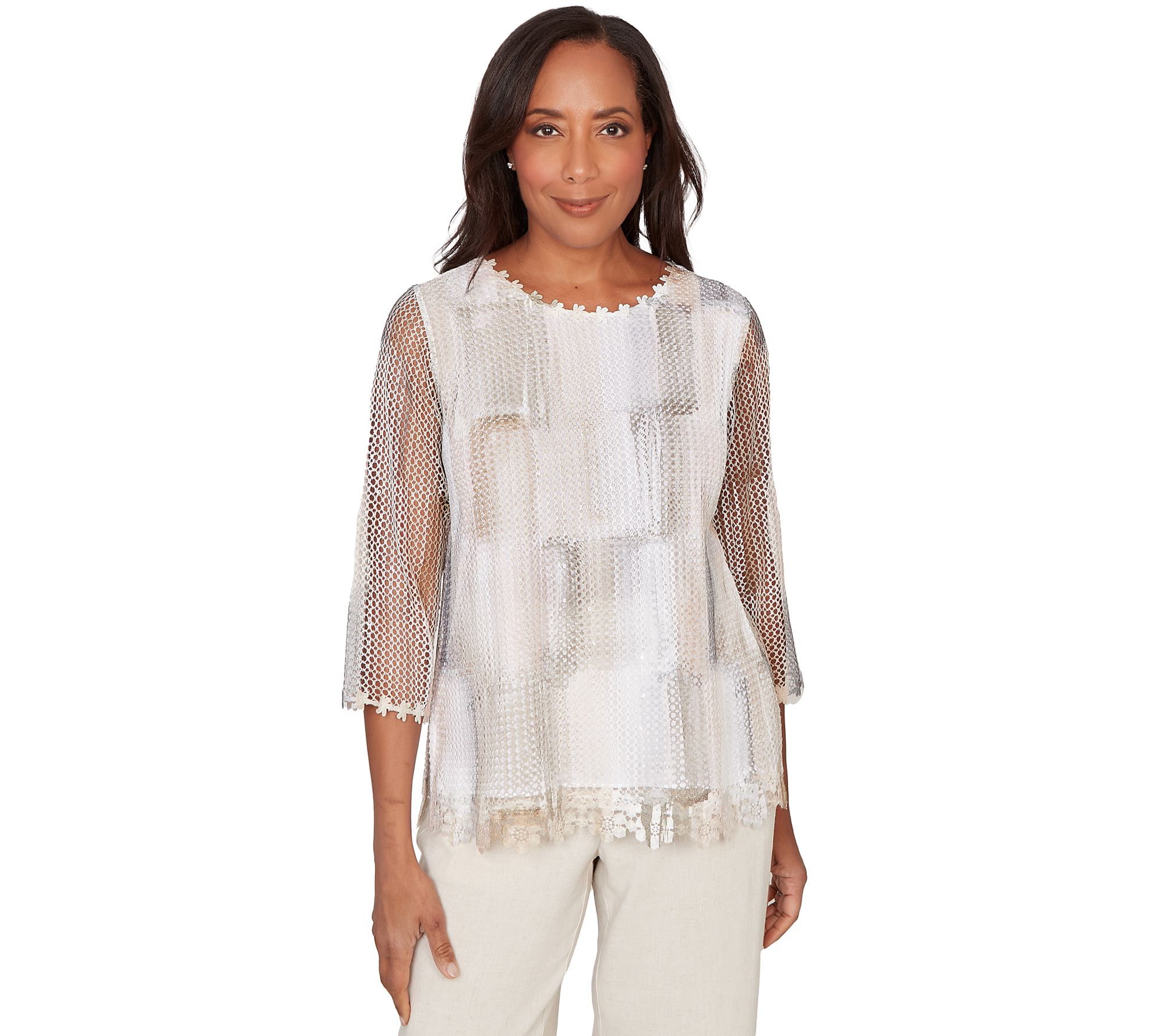 Alfred Dunner Women's Neutral Brushstrokes MeshTop