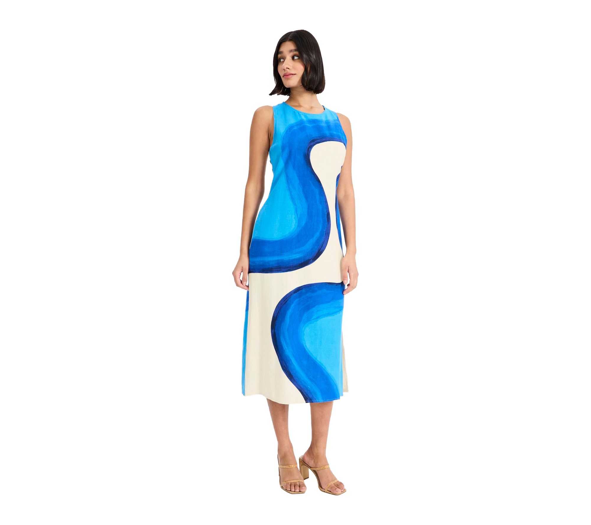 Donna Morgan Linen Rayon Wet Print Sleeveless Midi Dress