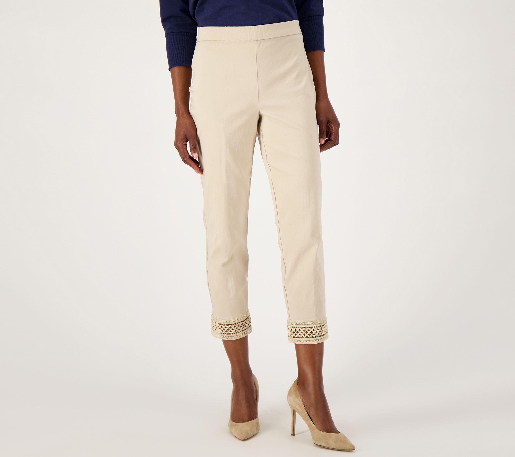 Susan Graver Ultra Stretch Crop Pant with Crochet Trim - QVC.com