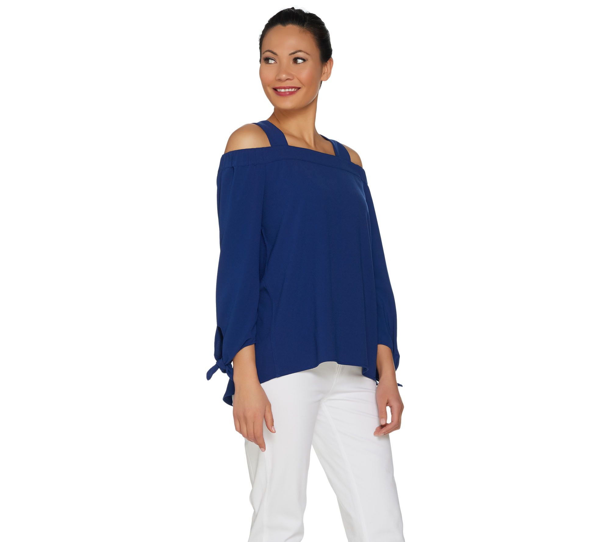 【dium.】DU240712 Design shoulder tops C. Wonder Cold Shoulder 3/4 Sleeve Top with Tie Detail - QVC.com