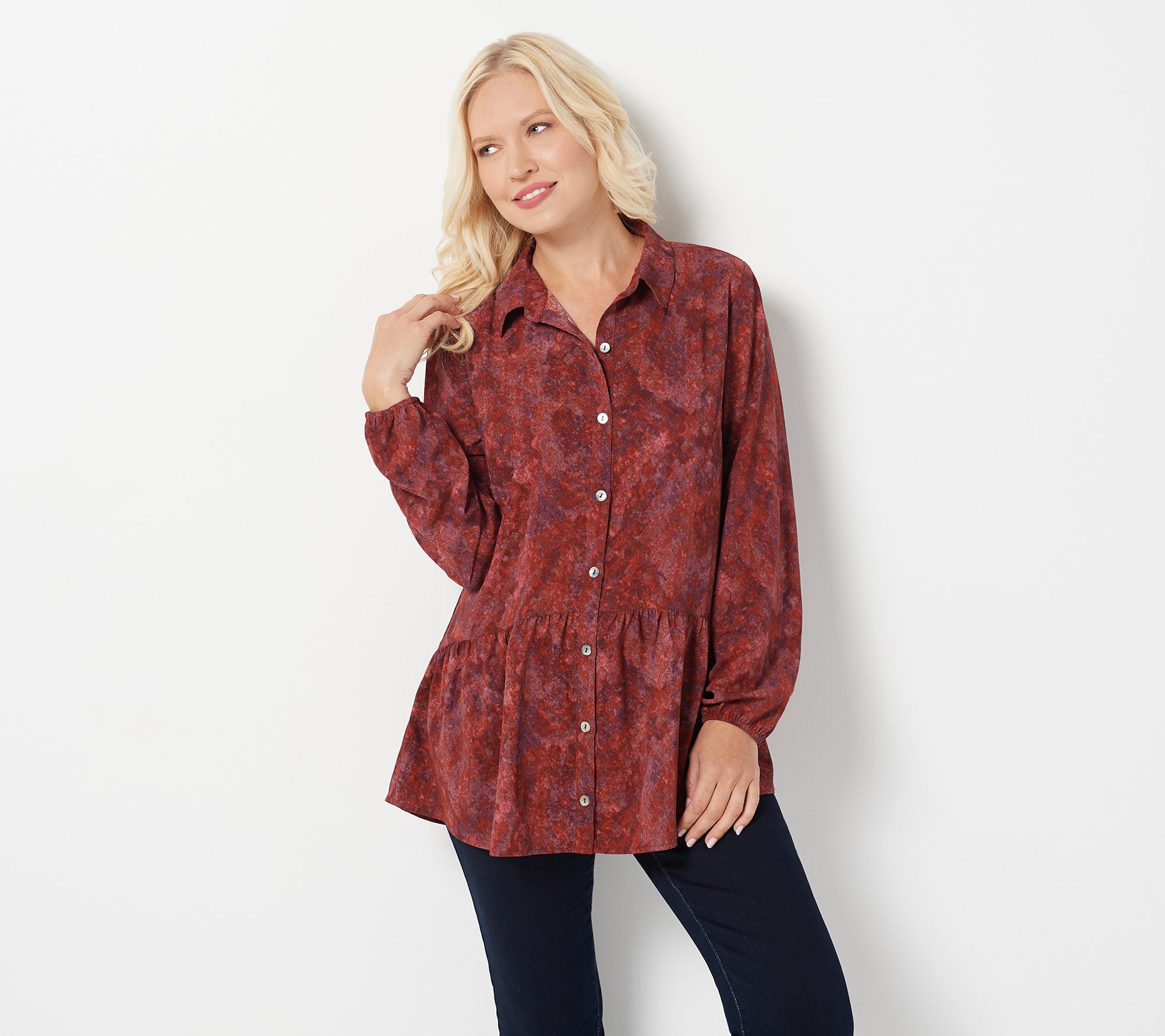 LOGO by Lori Goldstein Stretch Woven Button Fro - A365840