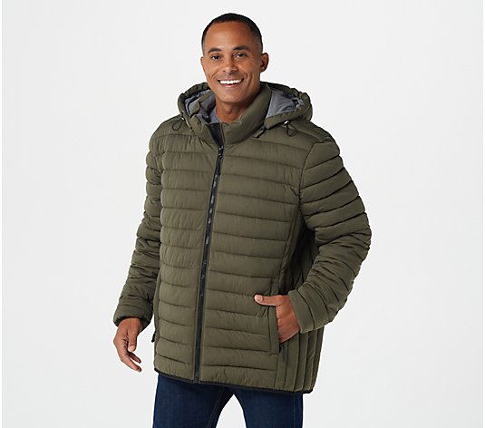 Nuage Men's Stretch Horizontal Quilted Puffer Coat w/ Hood