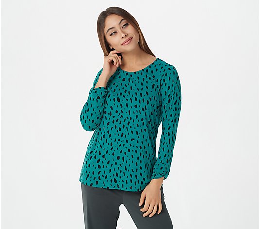Susan Graver Printed Liquid Knit Top with Twist Sleeve Detail