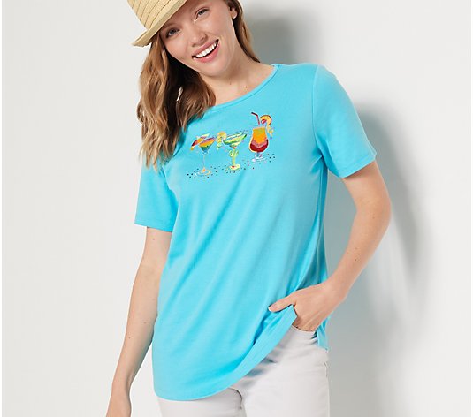 Quacker Factory Summer Stripes Motif T-Shirt with Tassel Trim