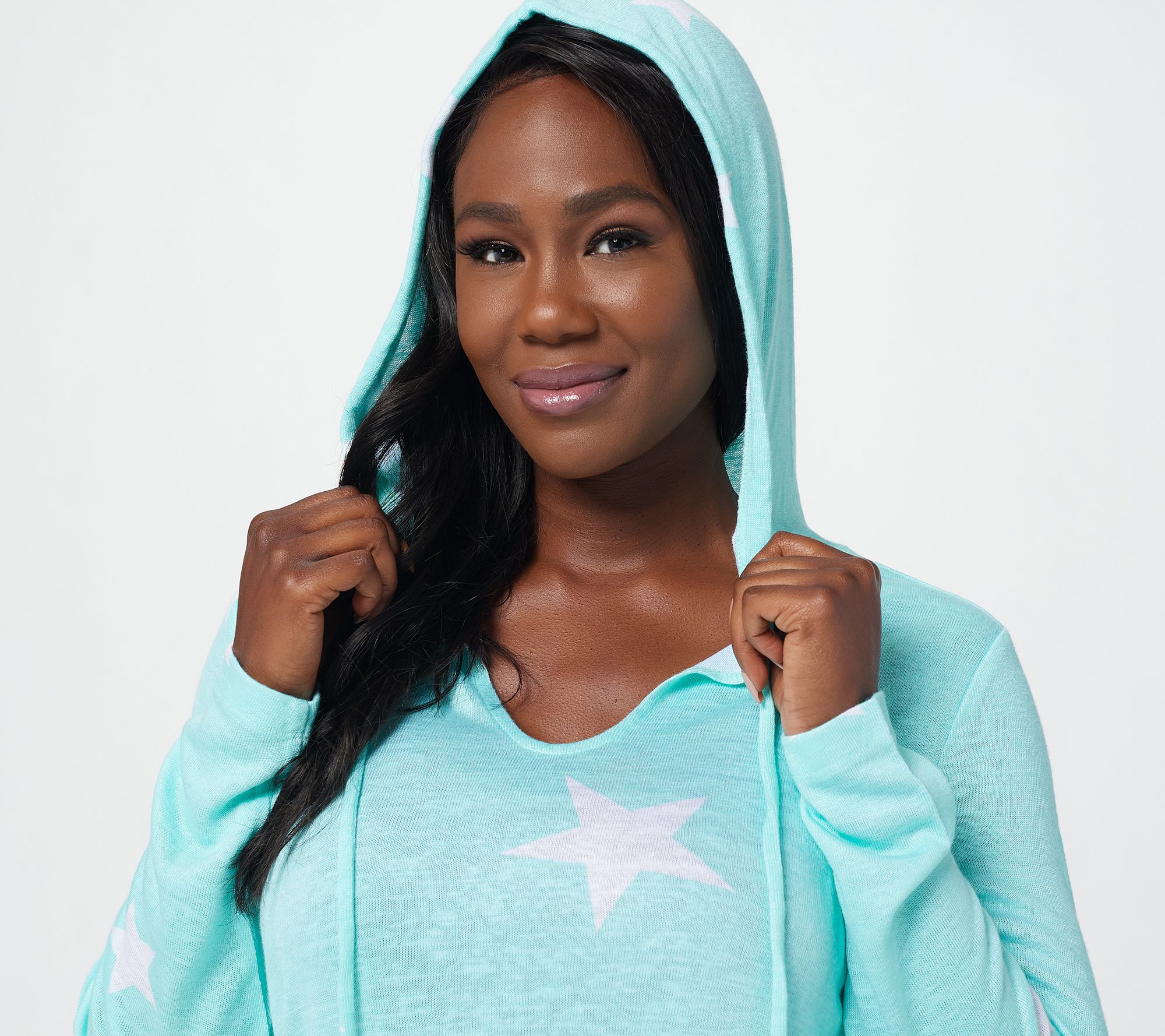 "As Is" Belle Beach by Kim Gravel Star Print Hooded Long Sleeve Top