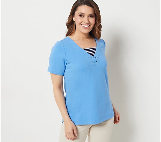 Sport Savvy French Terry V-Neck Short Sleeve Top w/ Grommet Detail