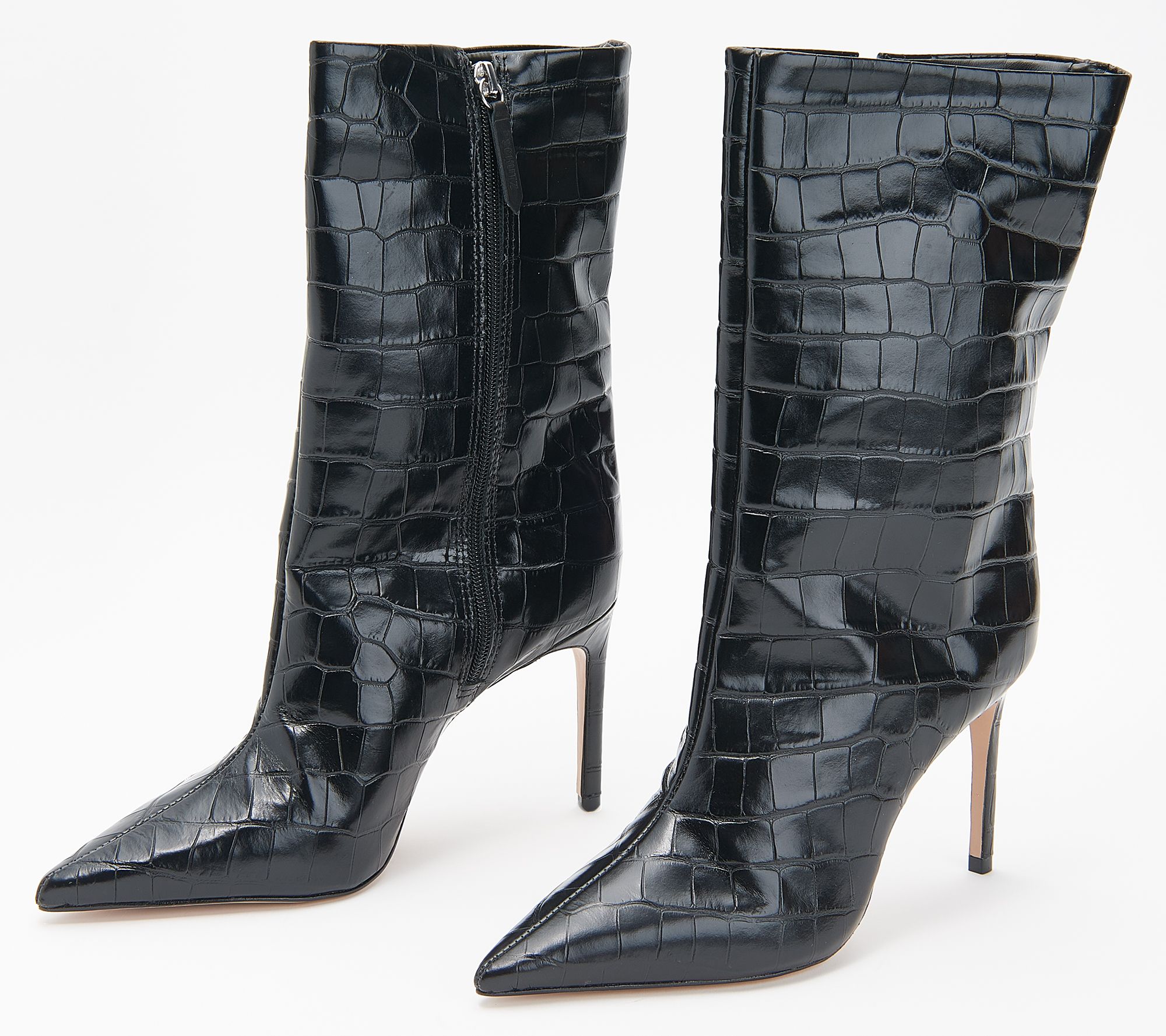 Schutz Leather Croco Heeled Mid Boots - Lun 