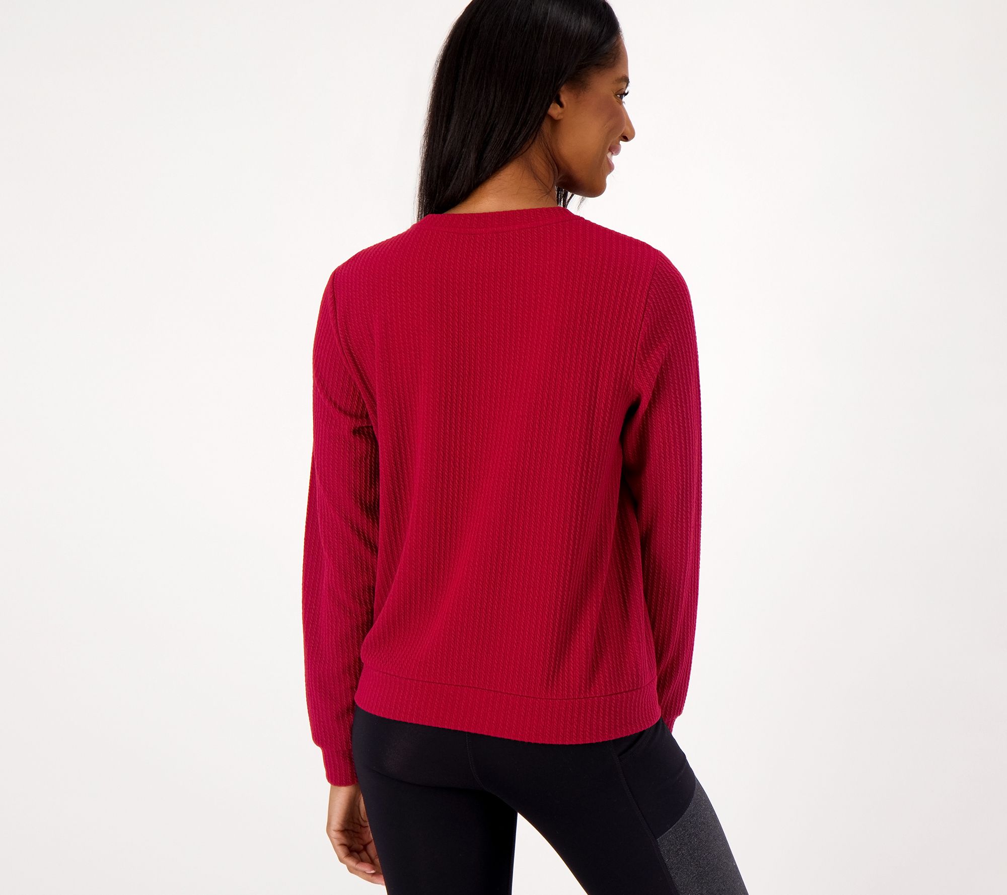 zuda Crew Neck Jacquard Top with Zipper Pockets