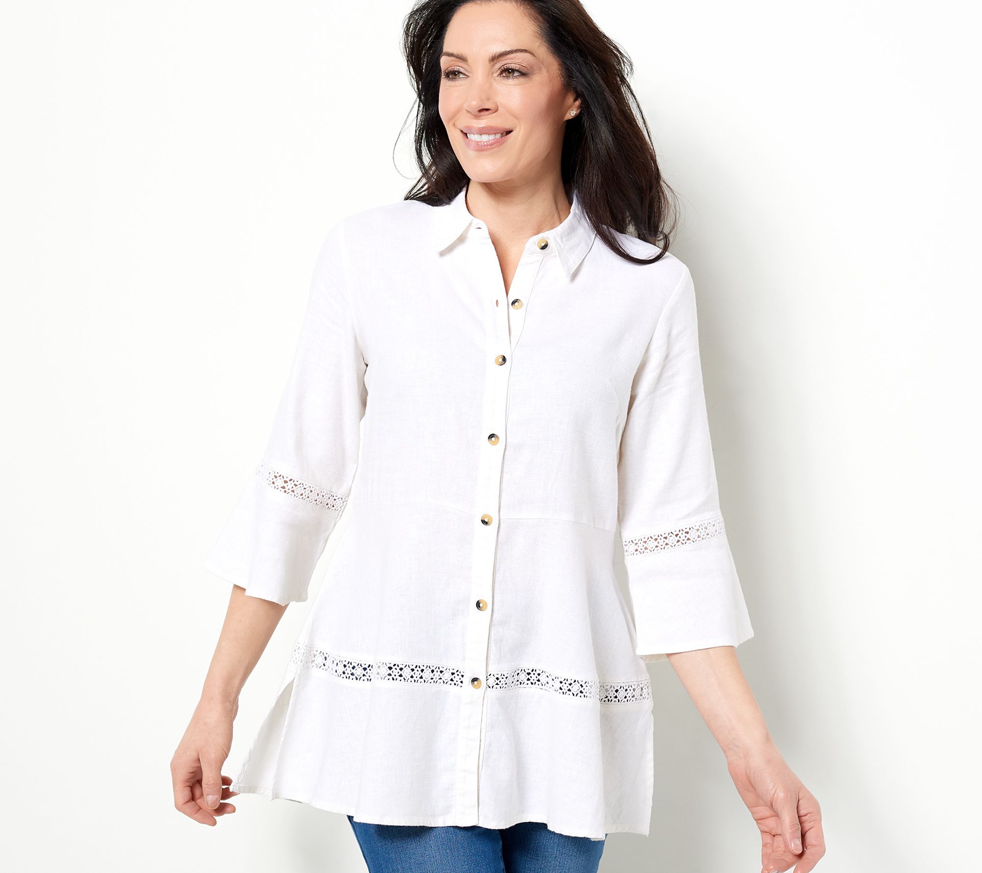 "As Is" Isaac Mizrahi Live! Bridgehampton Linen Tunic with Lace Trim