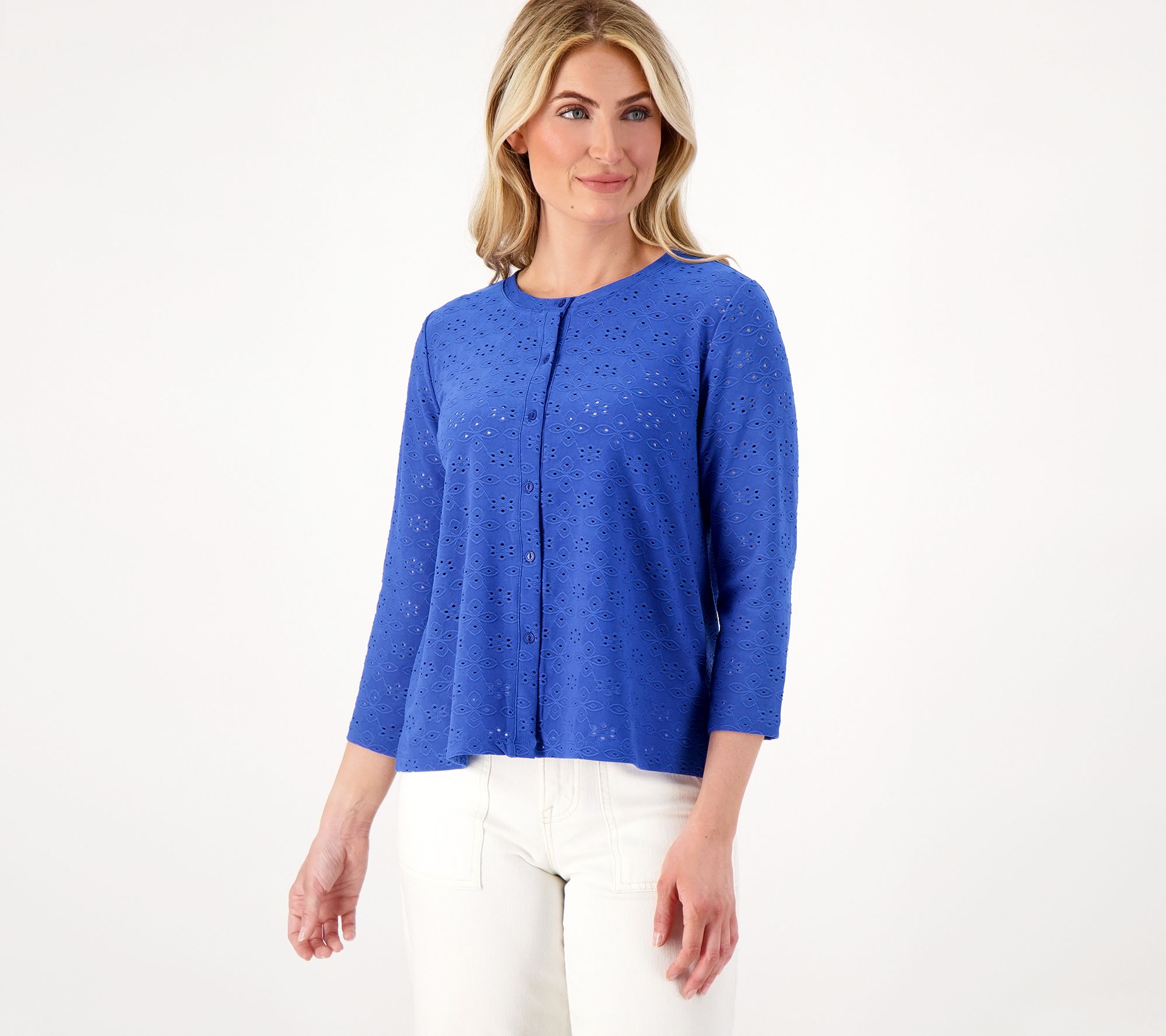LOGO by Lori Goldstein Stretch Eyelet Button Front Cardigan