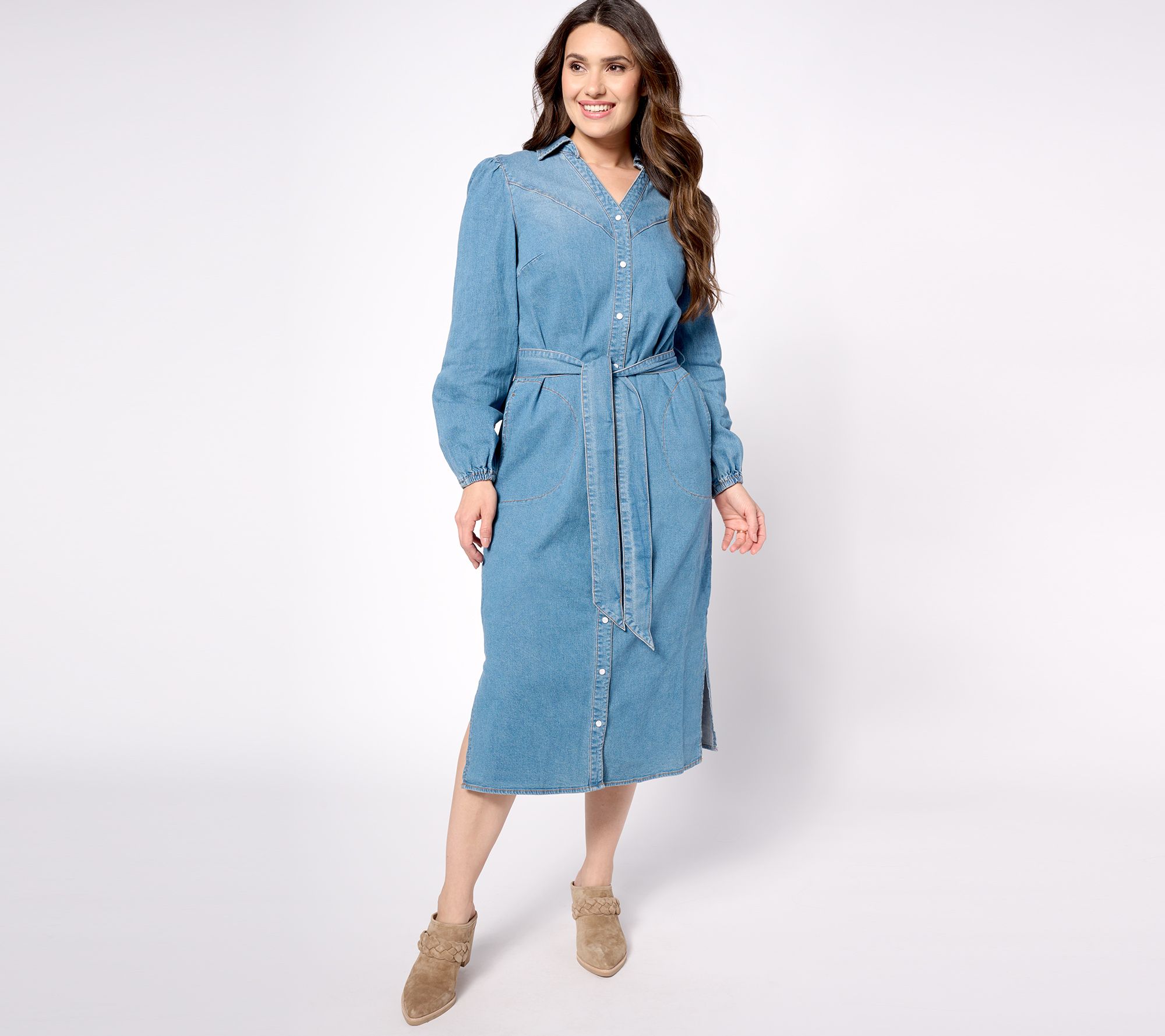 Canyon Retreat Long Sleeve Snap Front Denim Dress with Belt