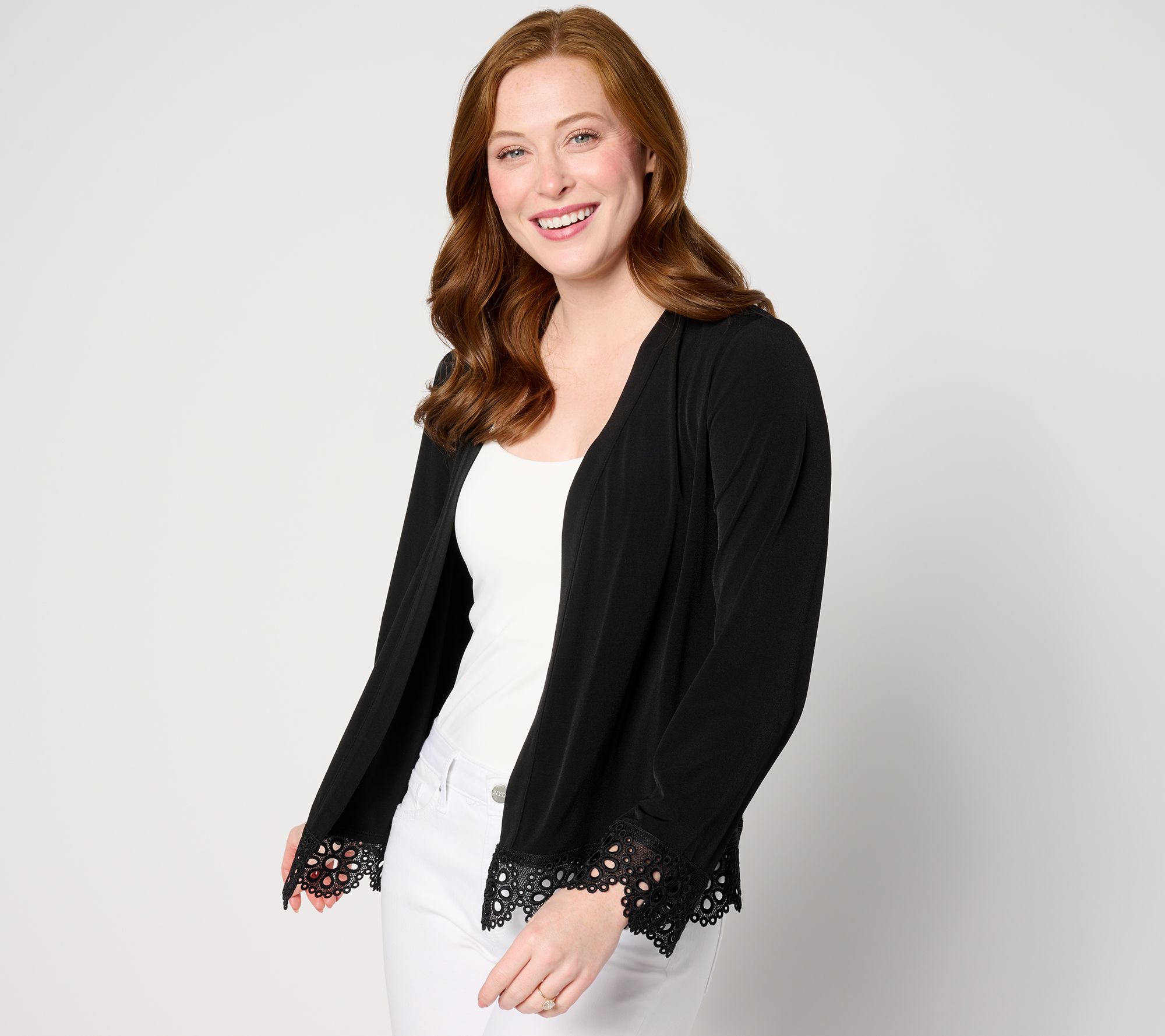 Susan Graver Liquid Knit 3/4 Sleeve Shrug with Scalloped Lace Accents