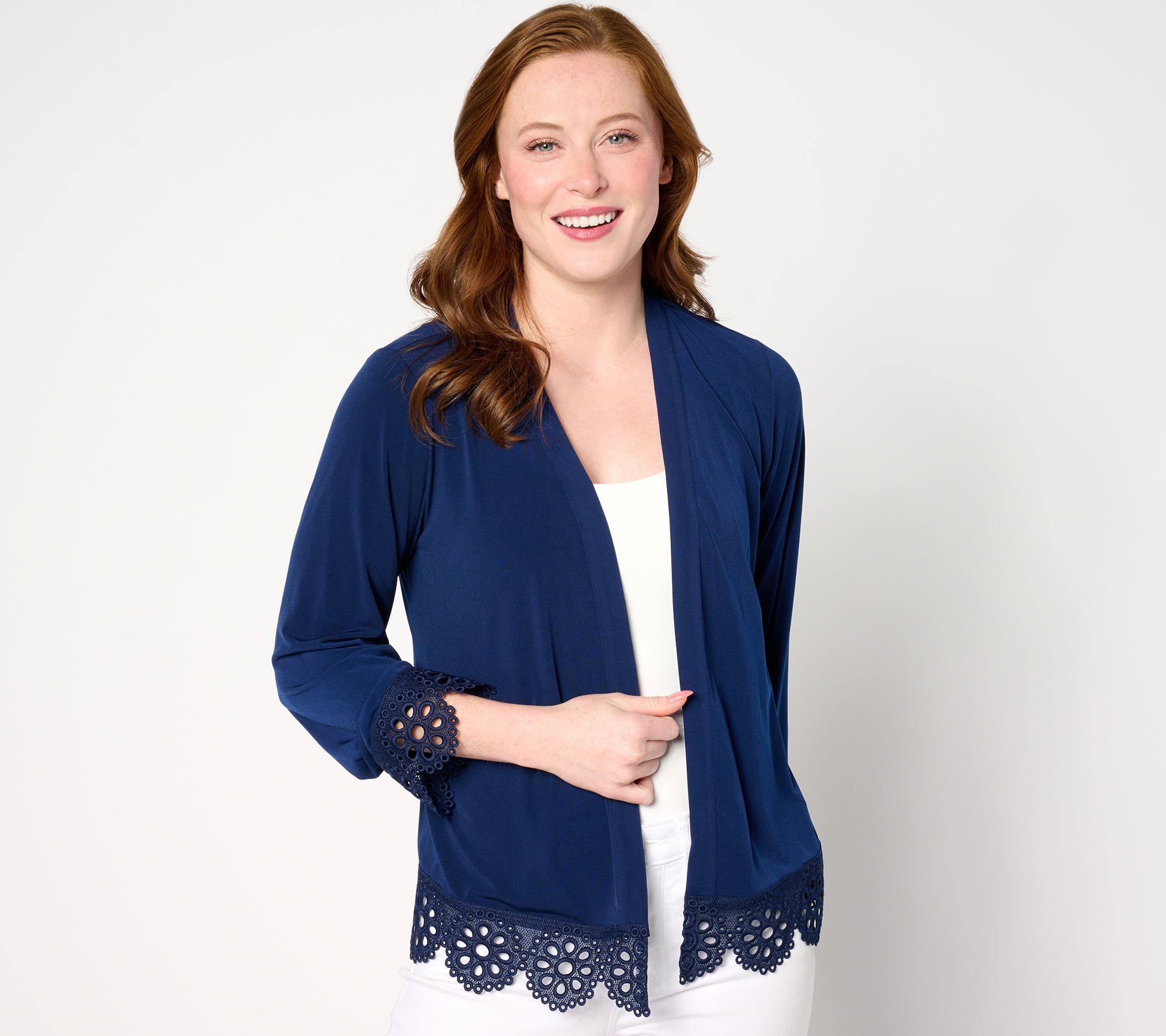 Susan Graver Liquid Knit 3/4 Sleeve Shrug with Scalloped Lace Accents