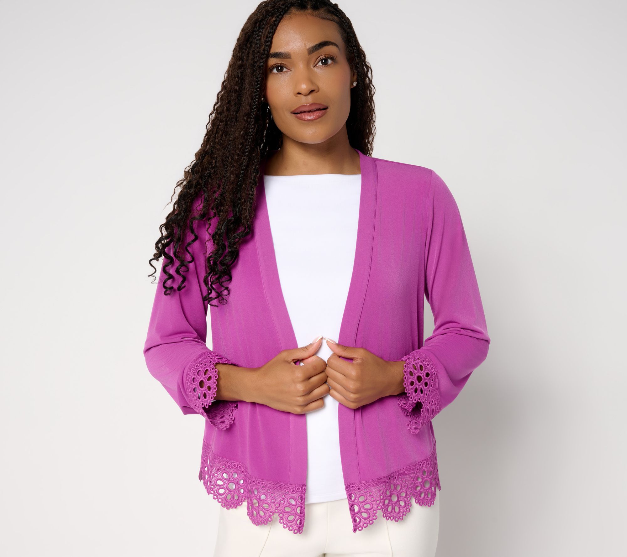 Susan Graver Liquid Knit 3/4 Sleeve Shrug with Scalloped Lace Accents